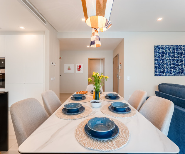 Dining table with kitchen view
