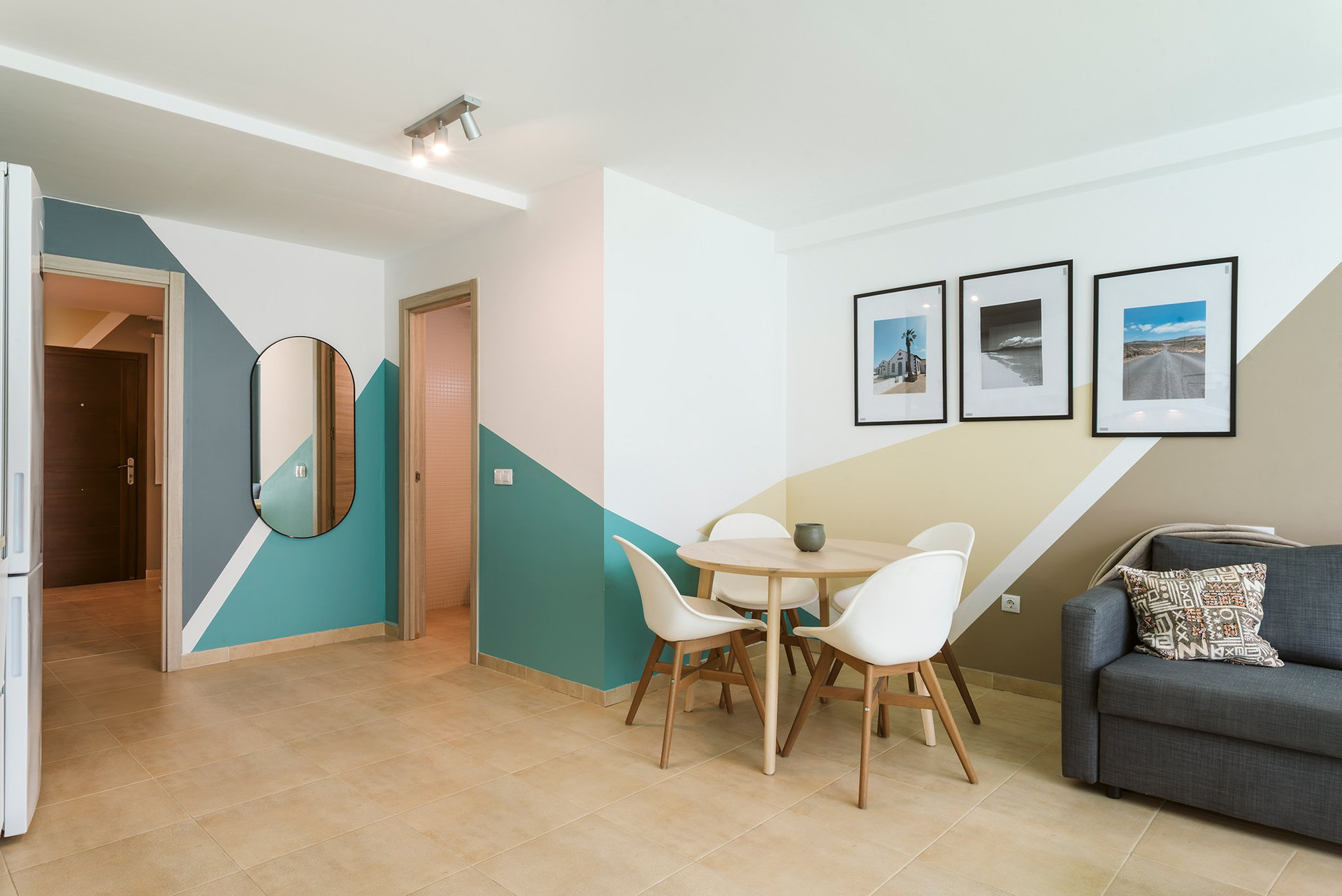 Dining area with framed wall art