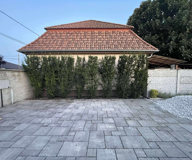 Paved backyard with hedges