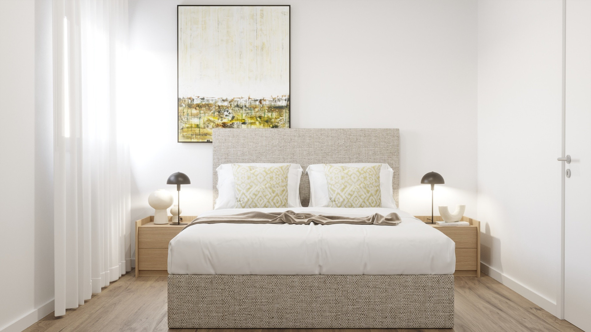 Bedroom with tweed upholstered headboard