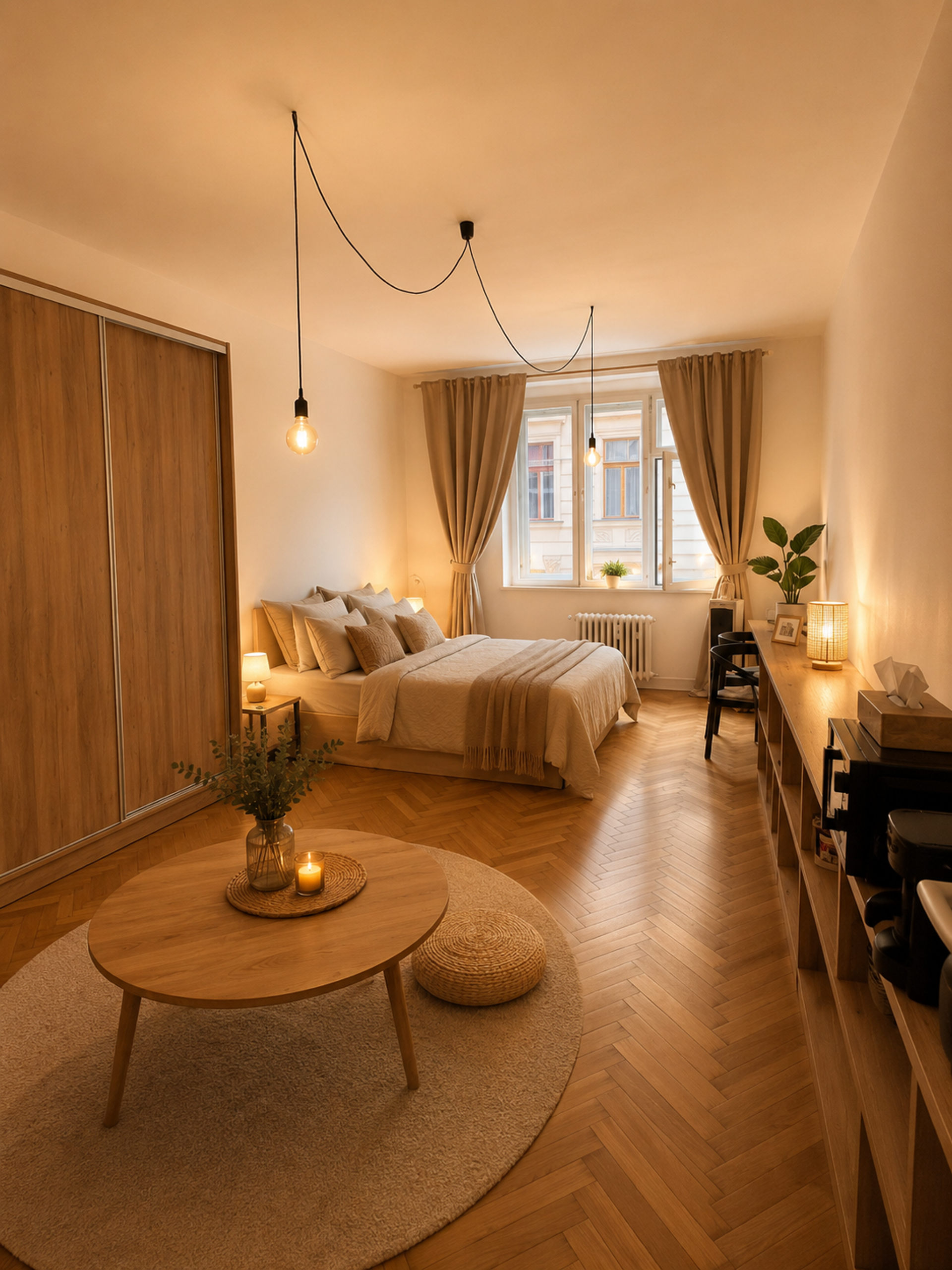 Cozy studio bedroom with herringbone floor