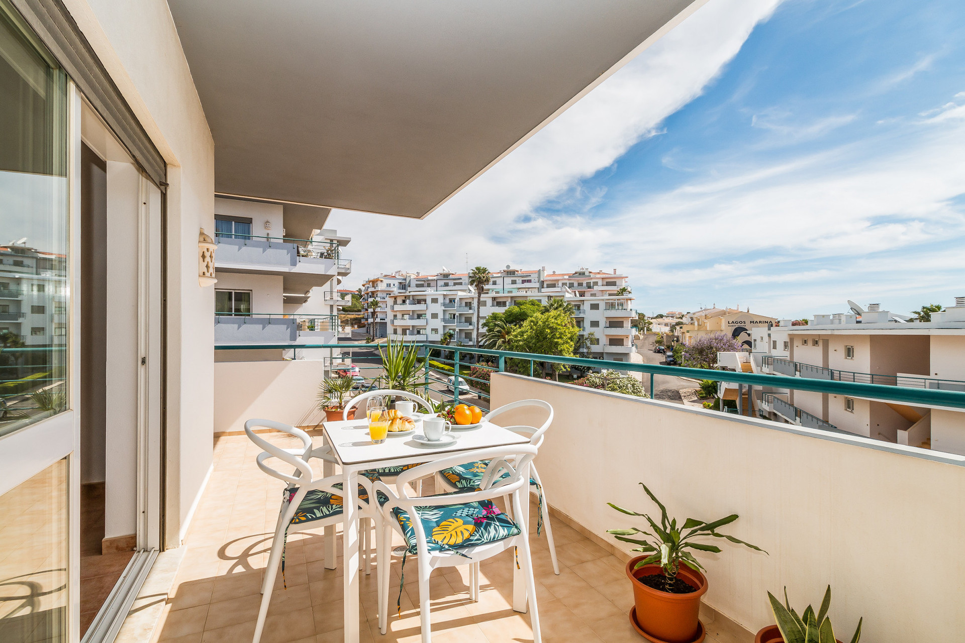 Balcony seating with city view
