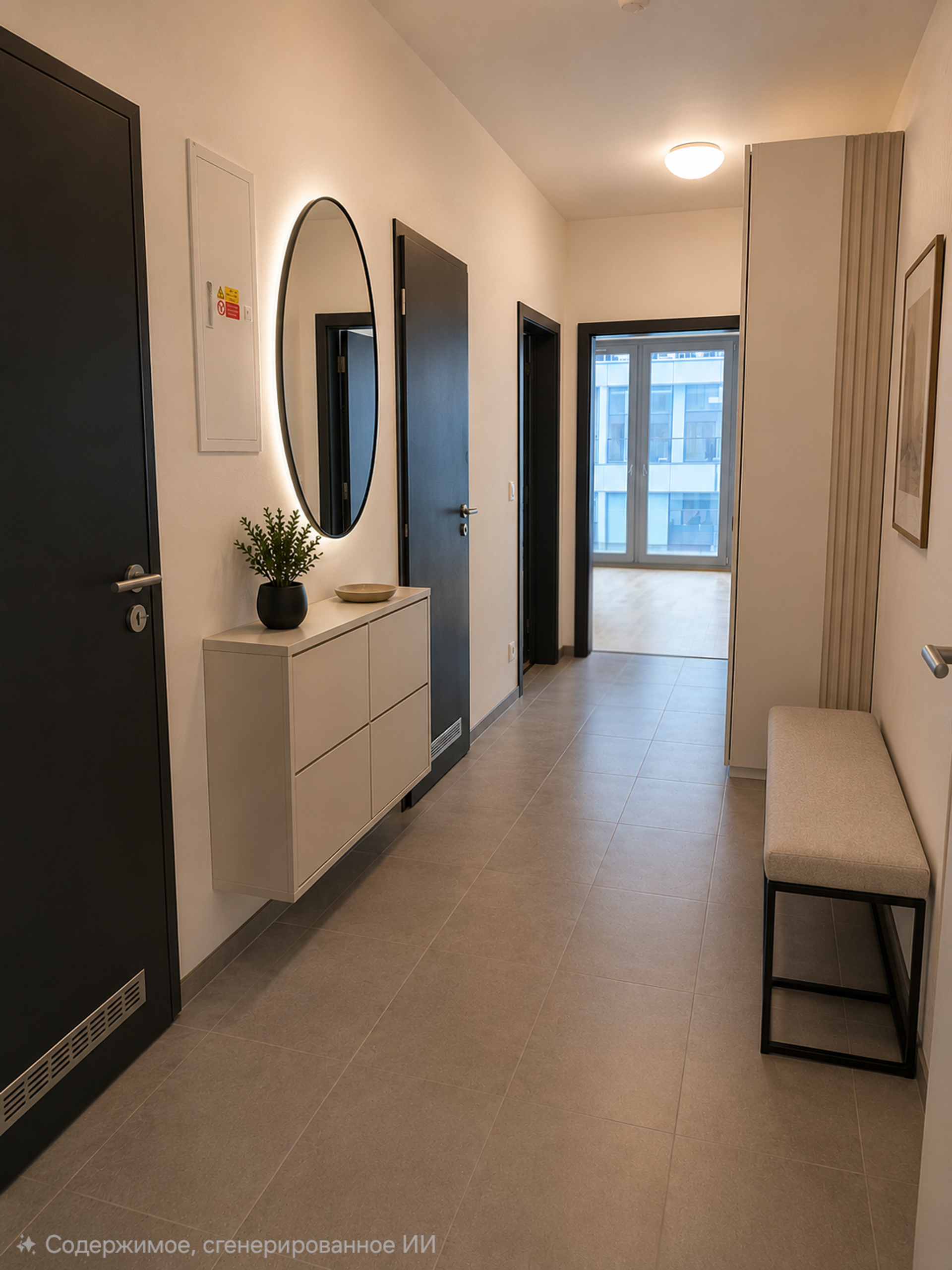 Hallway with mirror and storage