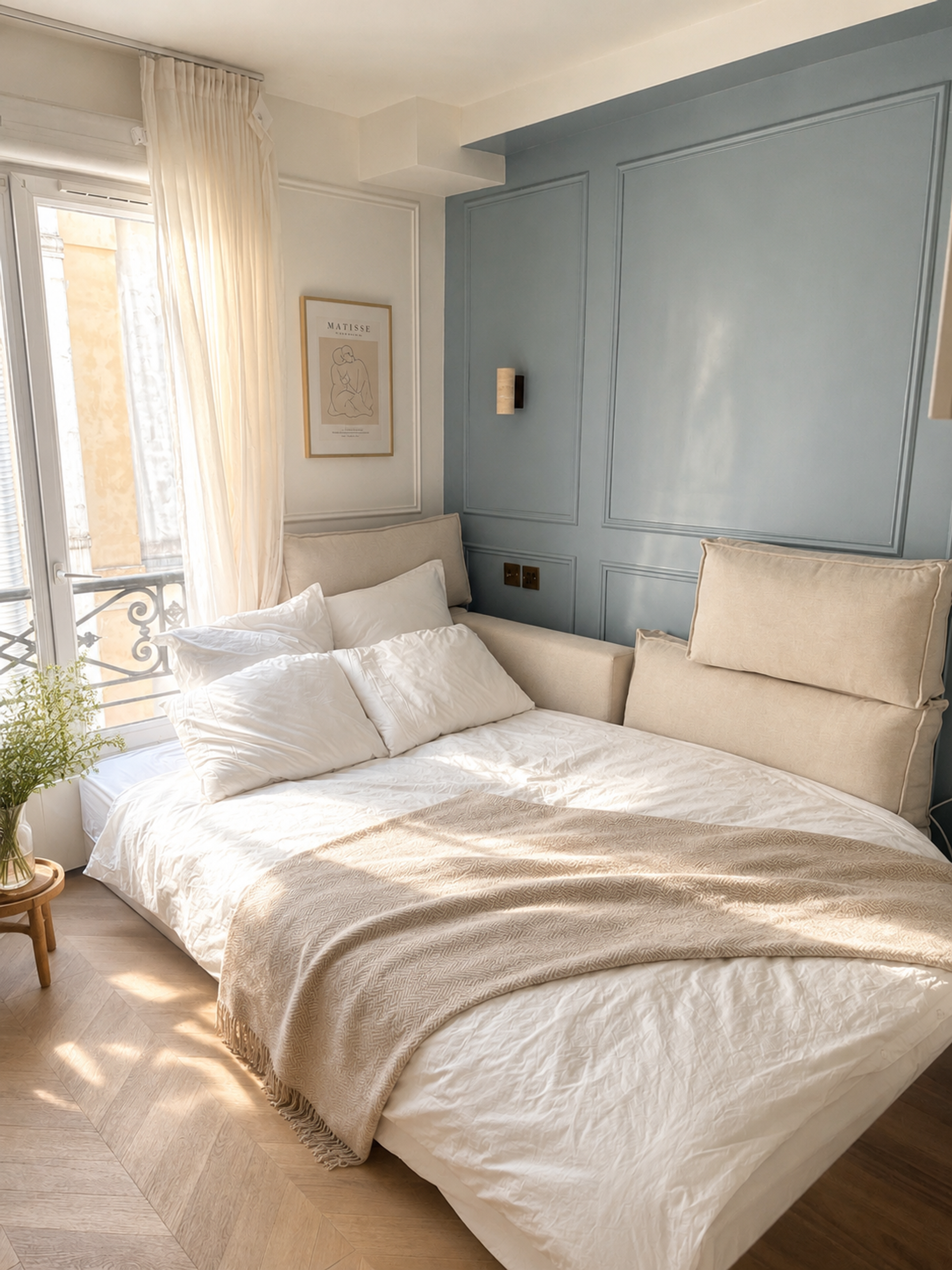 Elegant bedroom with blue accent wall