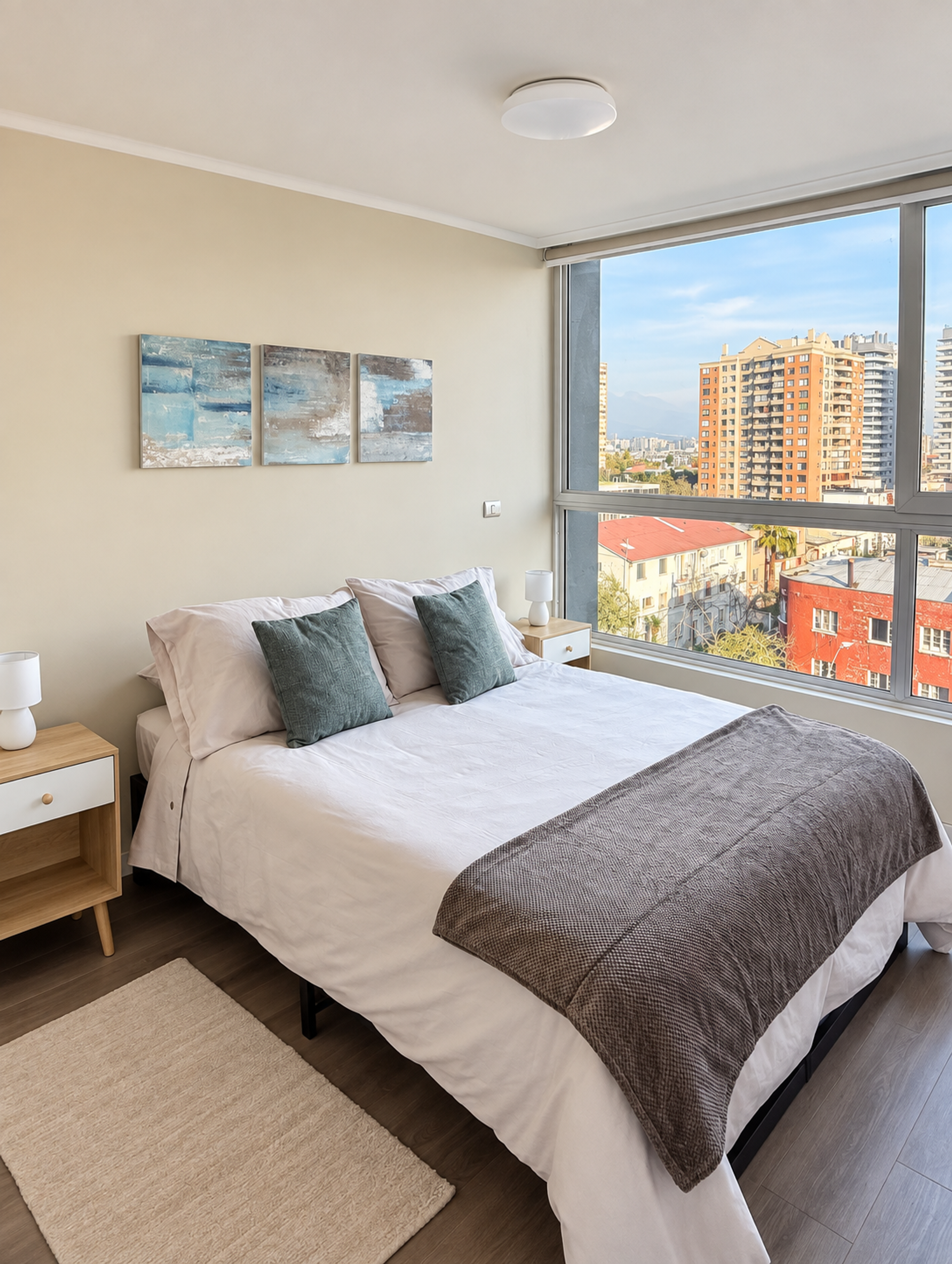 Bedroom with city skyline view