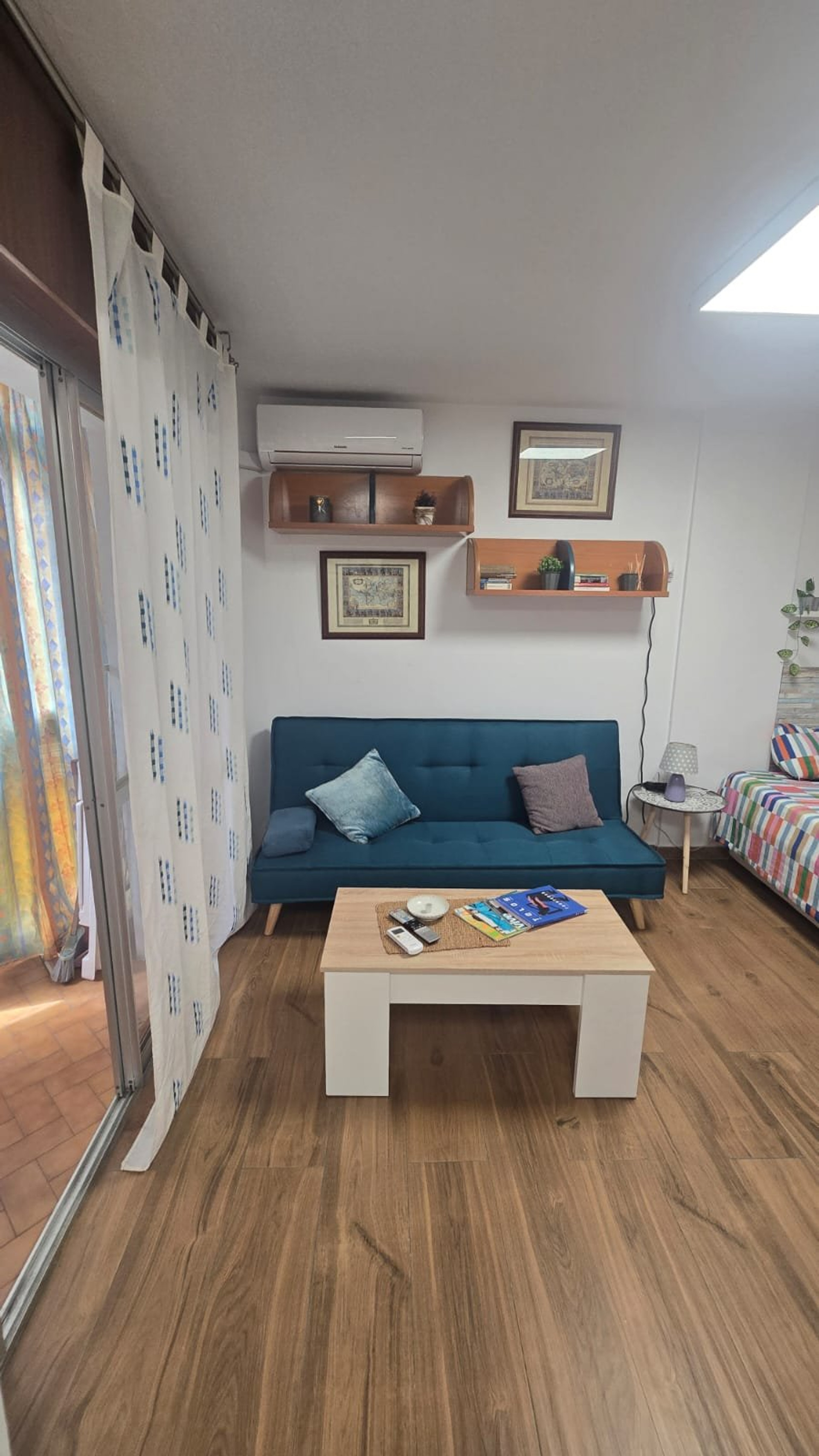 Living room sofa and shelves