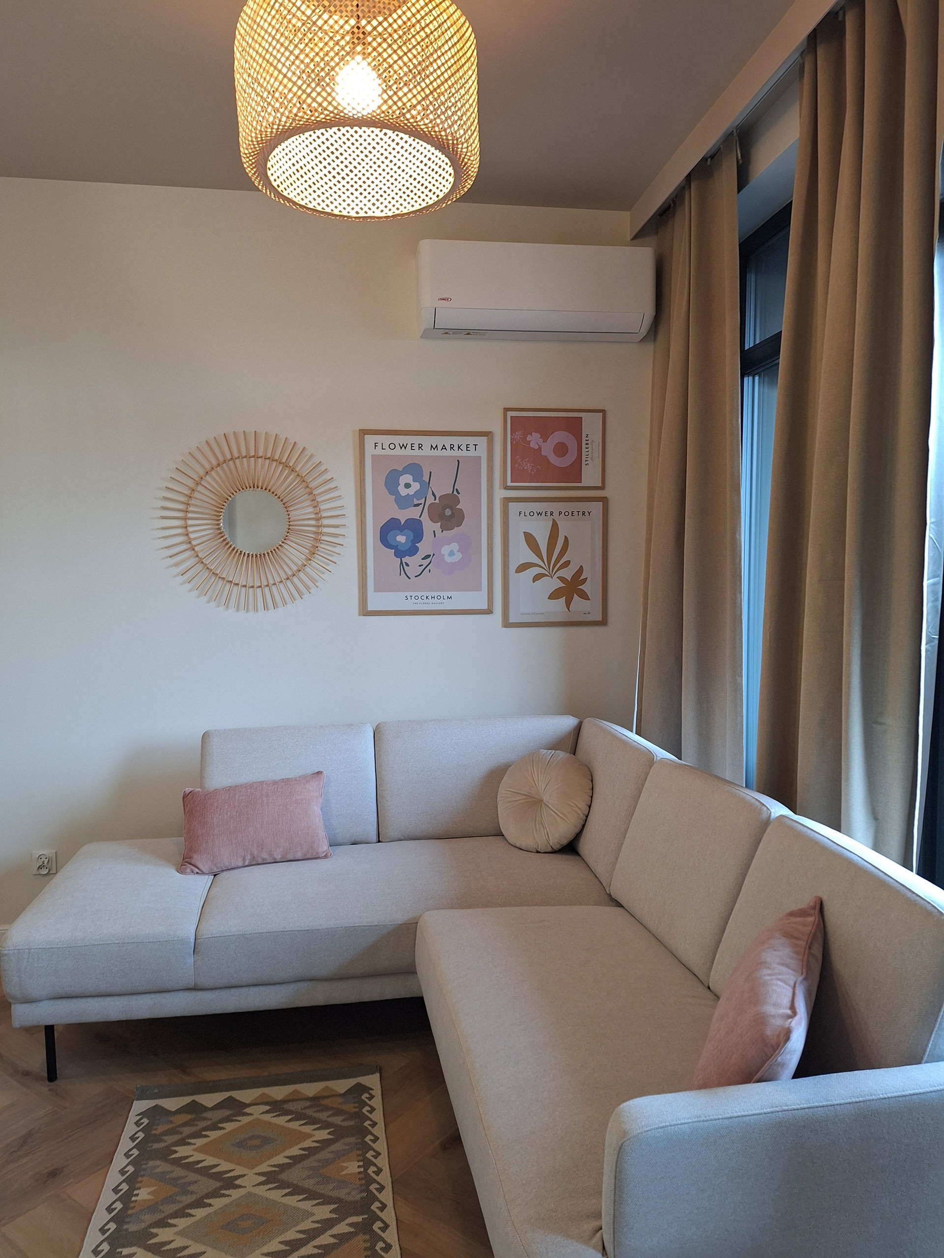 Cozy sofa with decorative wall art