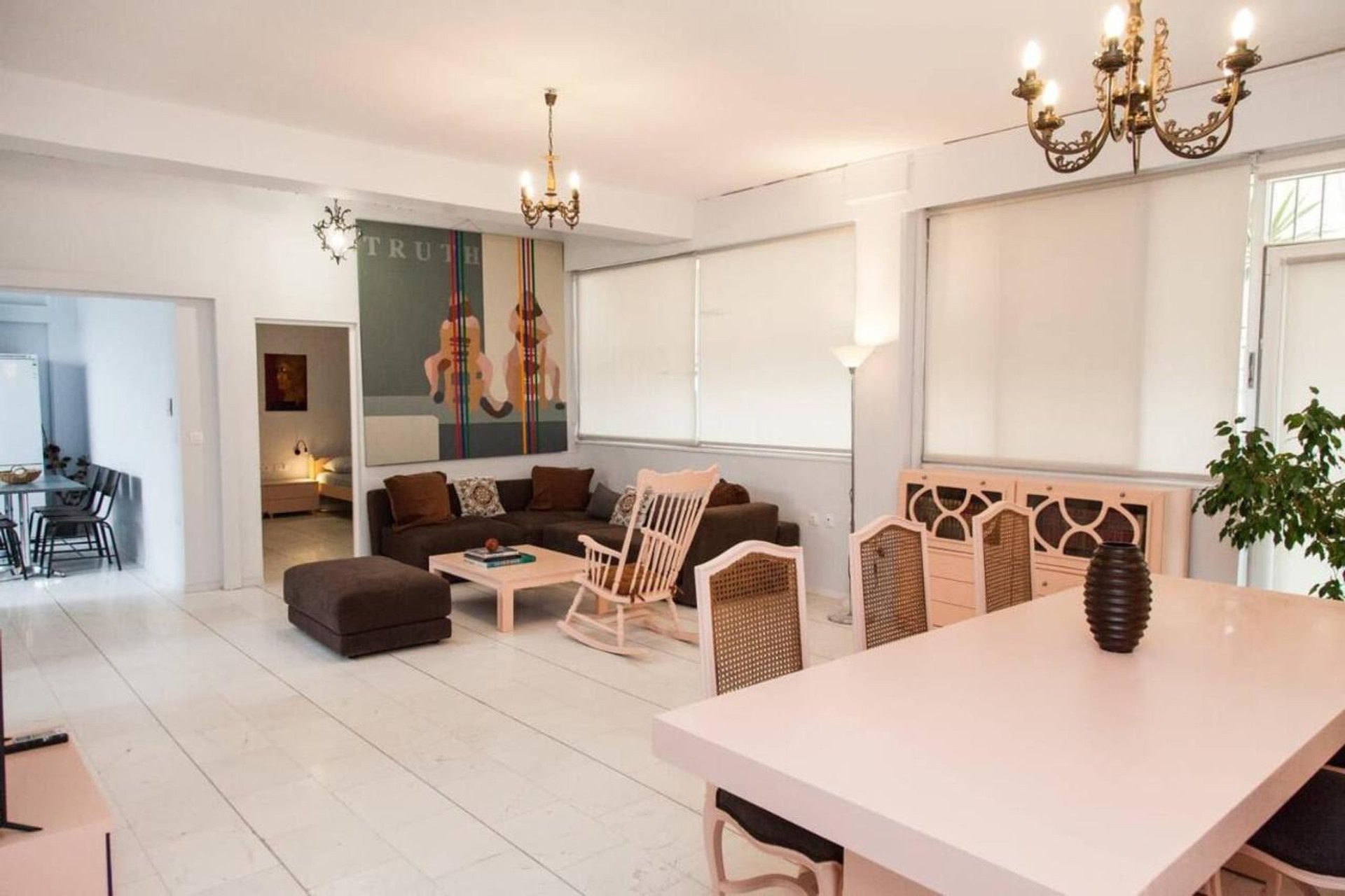 Overview of spacious living room of short term rental