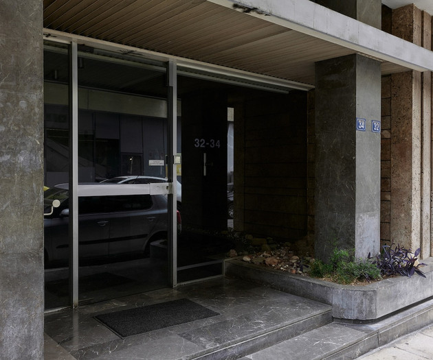The building's entrance door
