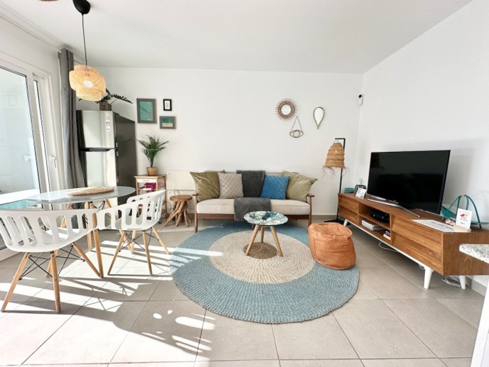 Bright living dining room boho decor