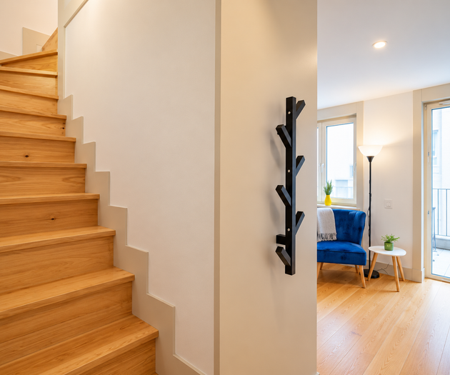 Wooden staircase to living area