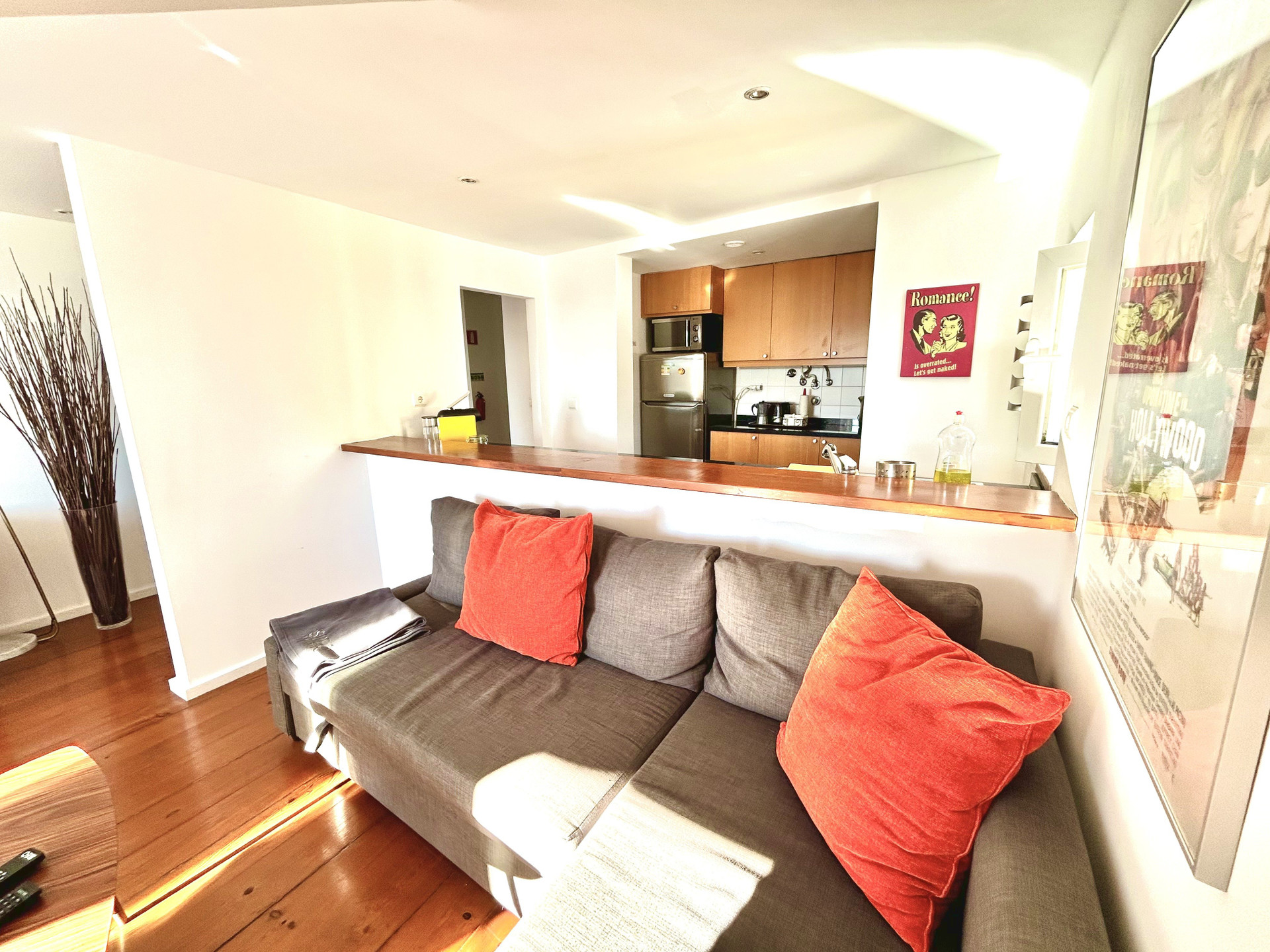 Living room sofa with open kitchen