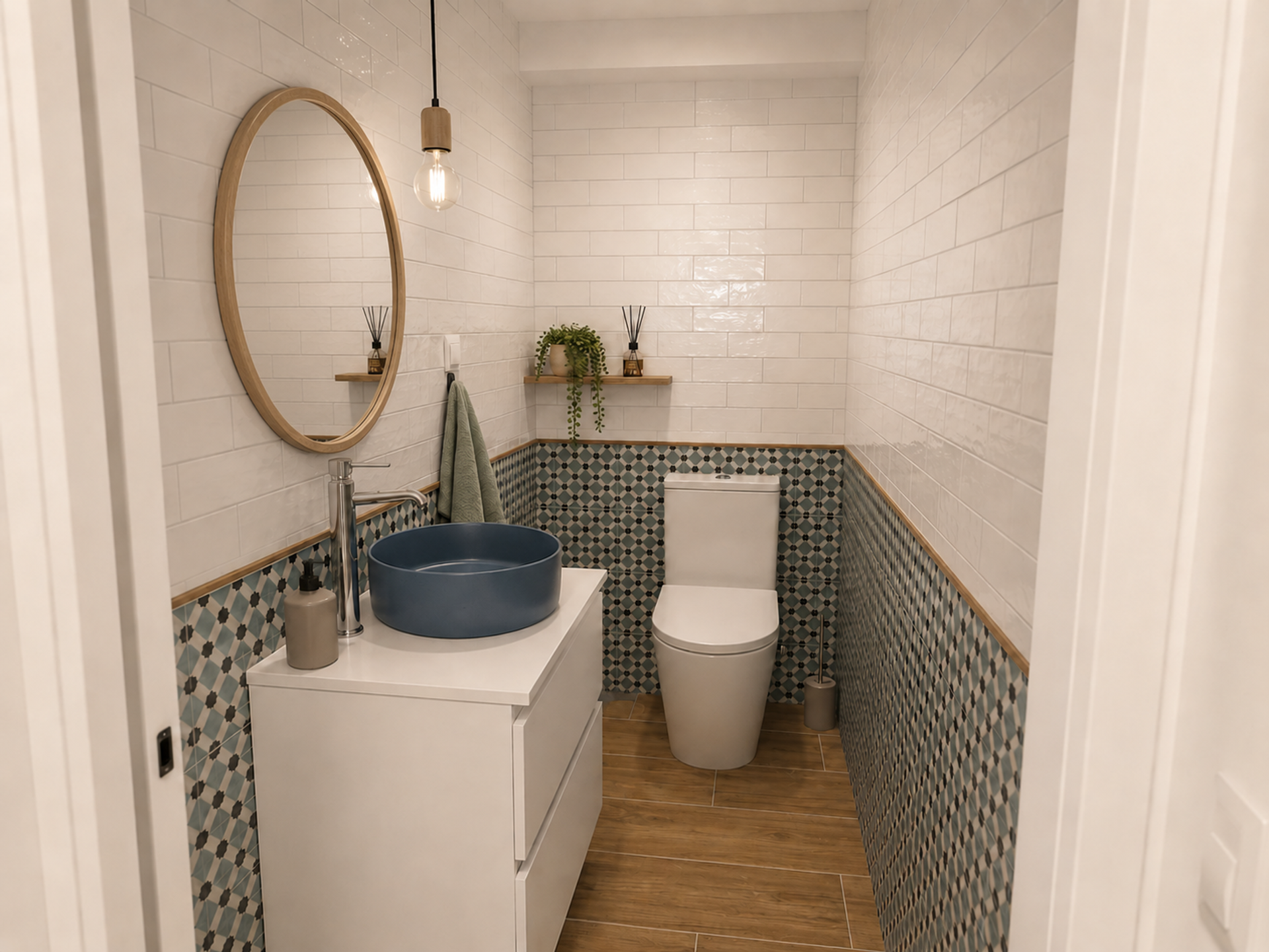 Stylish half bathroom with patterned tiles
