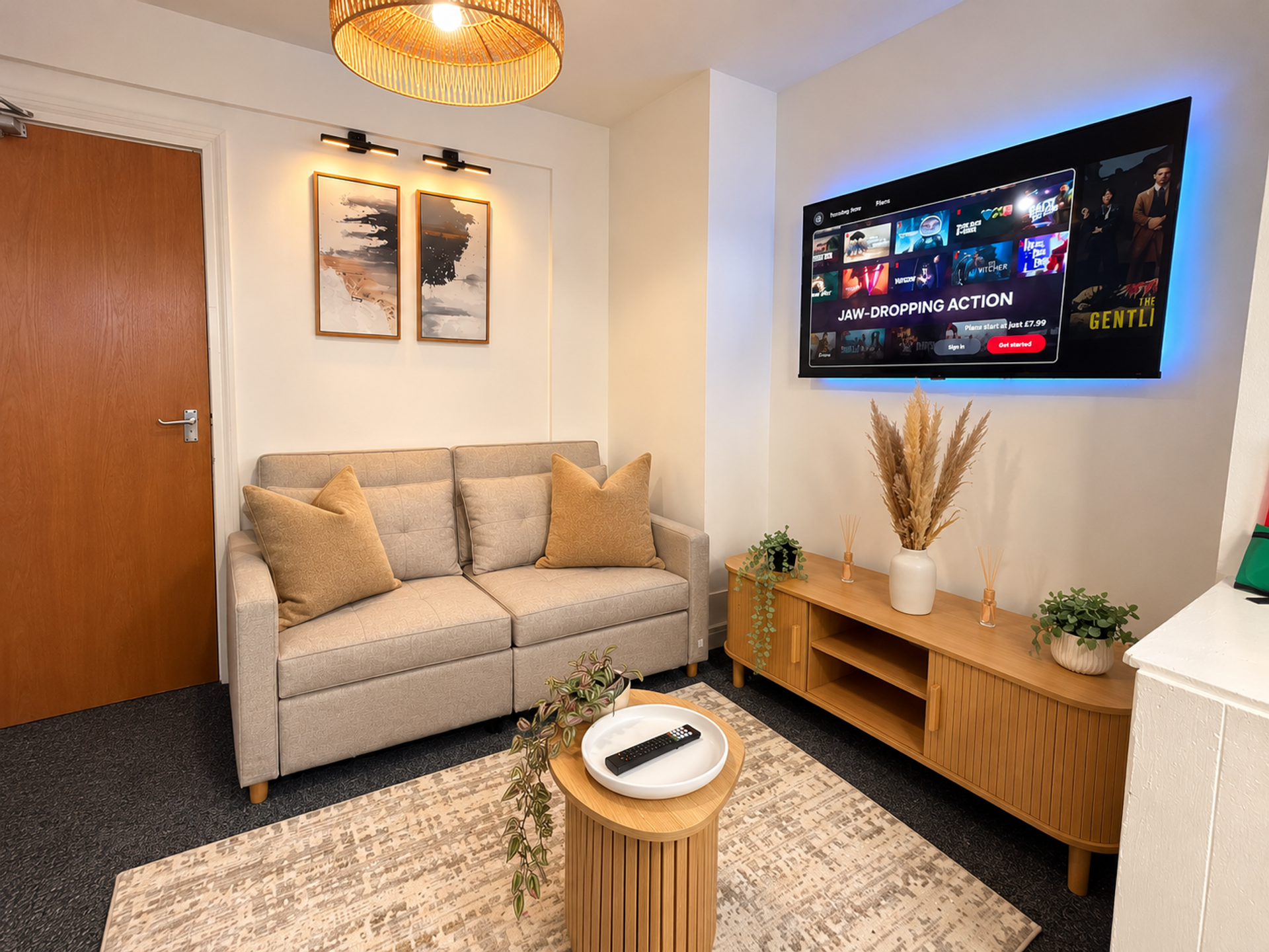 Cozy living room with wall TV