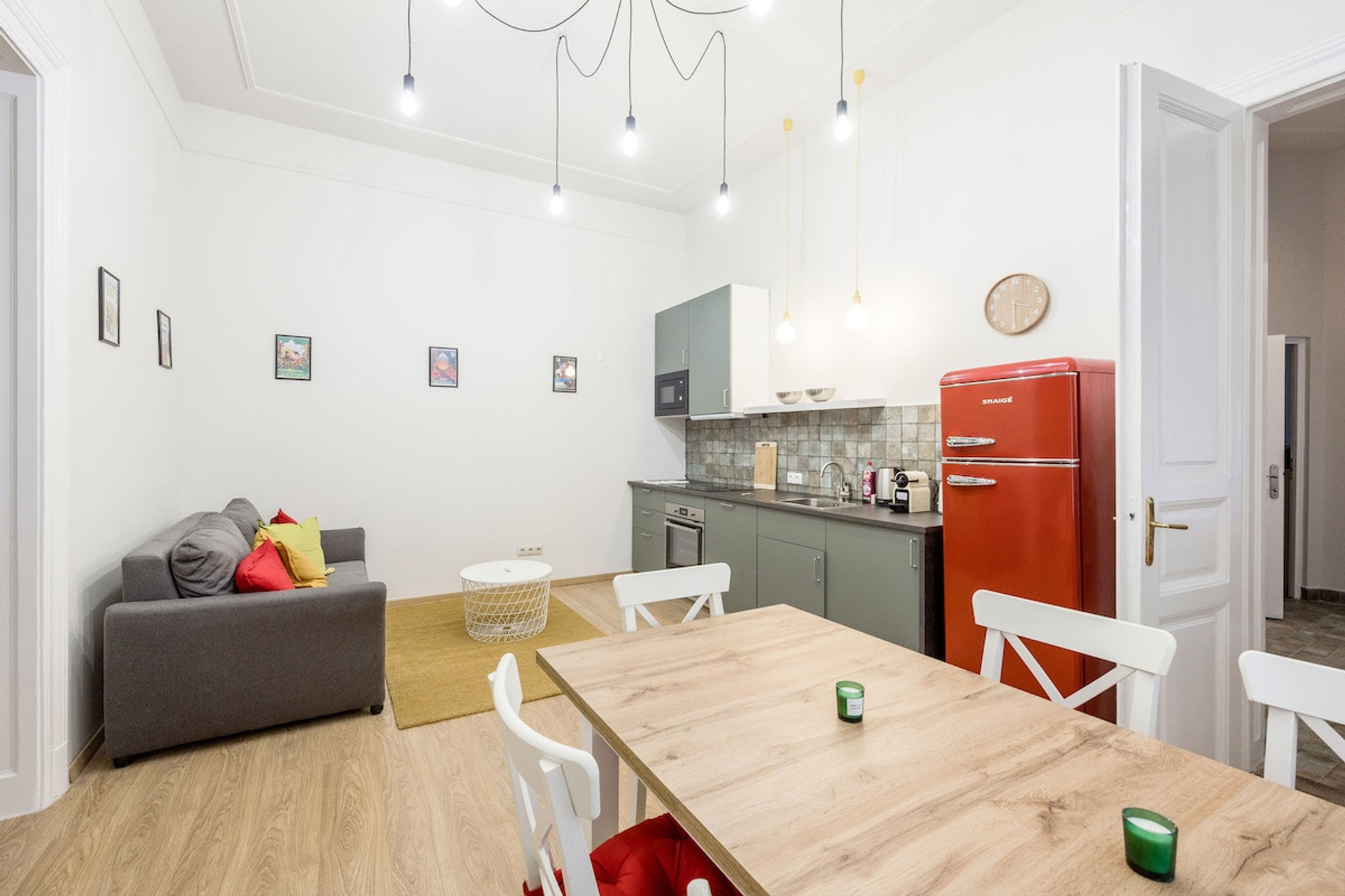 Living room, kitchen and dining area