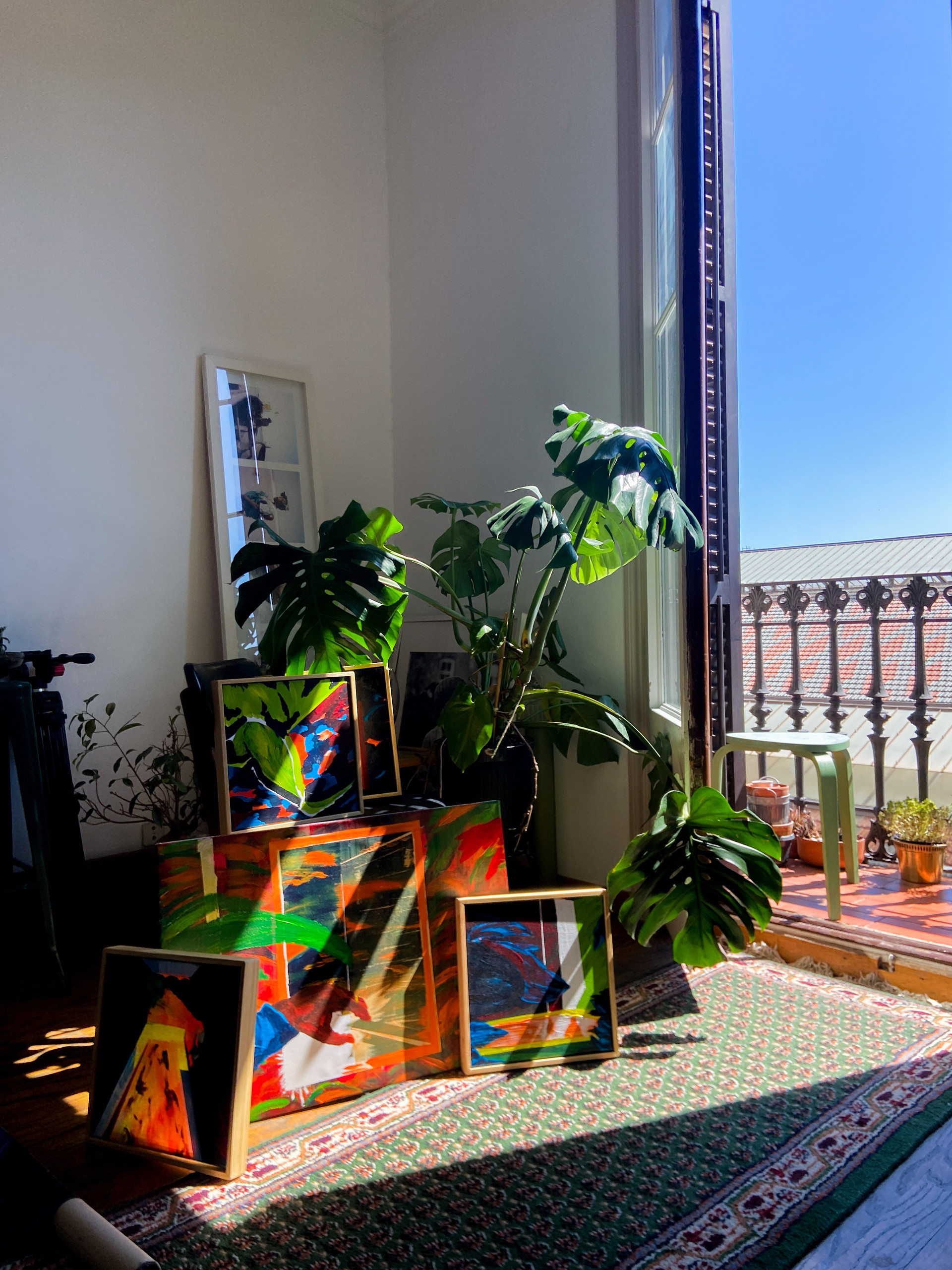 Sunny corner with artwork and plants