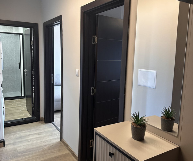 Hallway with mirror and doors