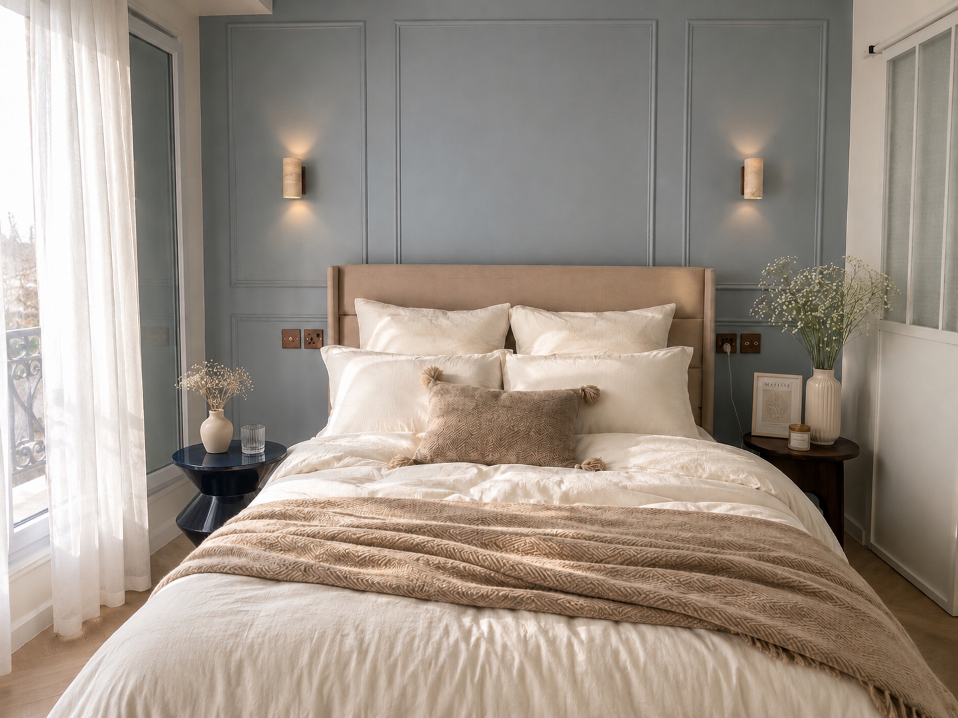Bedroom with cozy bedding and lighting