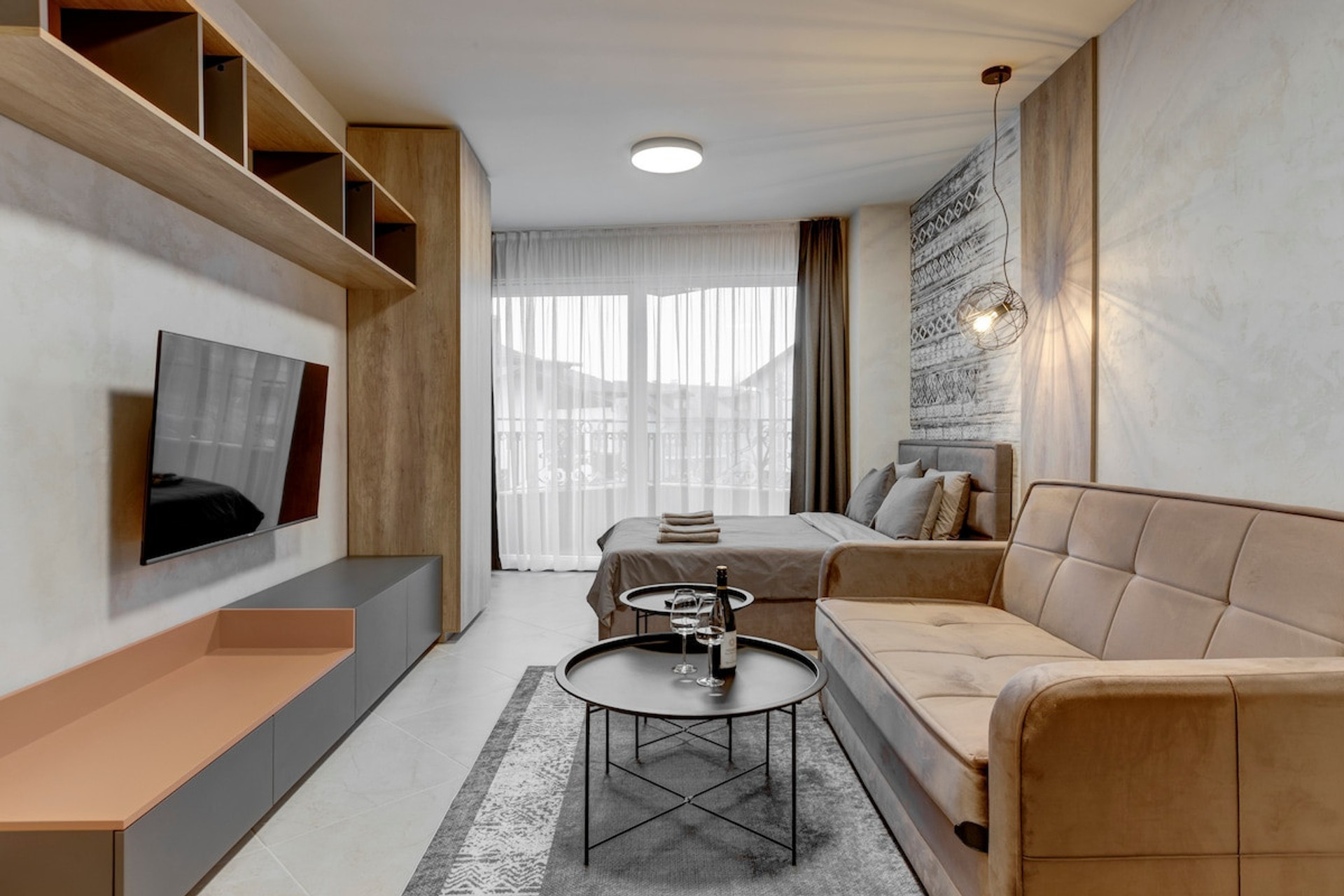 TV and multimedia, Living room, Seating area, bed