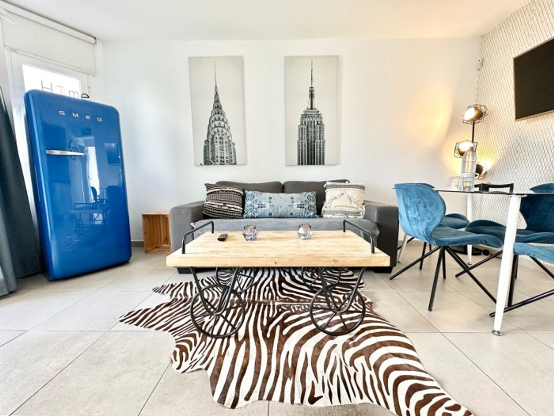 Stylish living room grey fridge