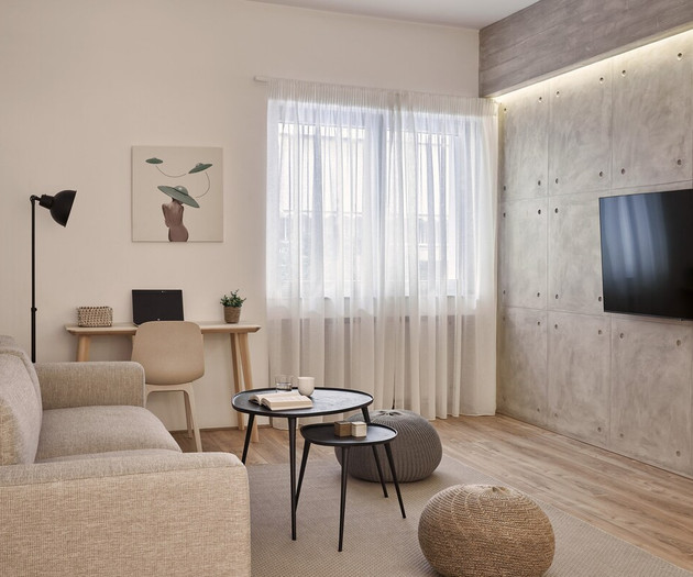 The spacious living room and the working space