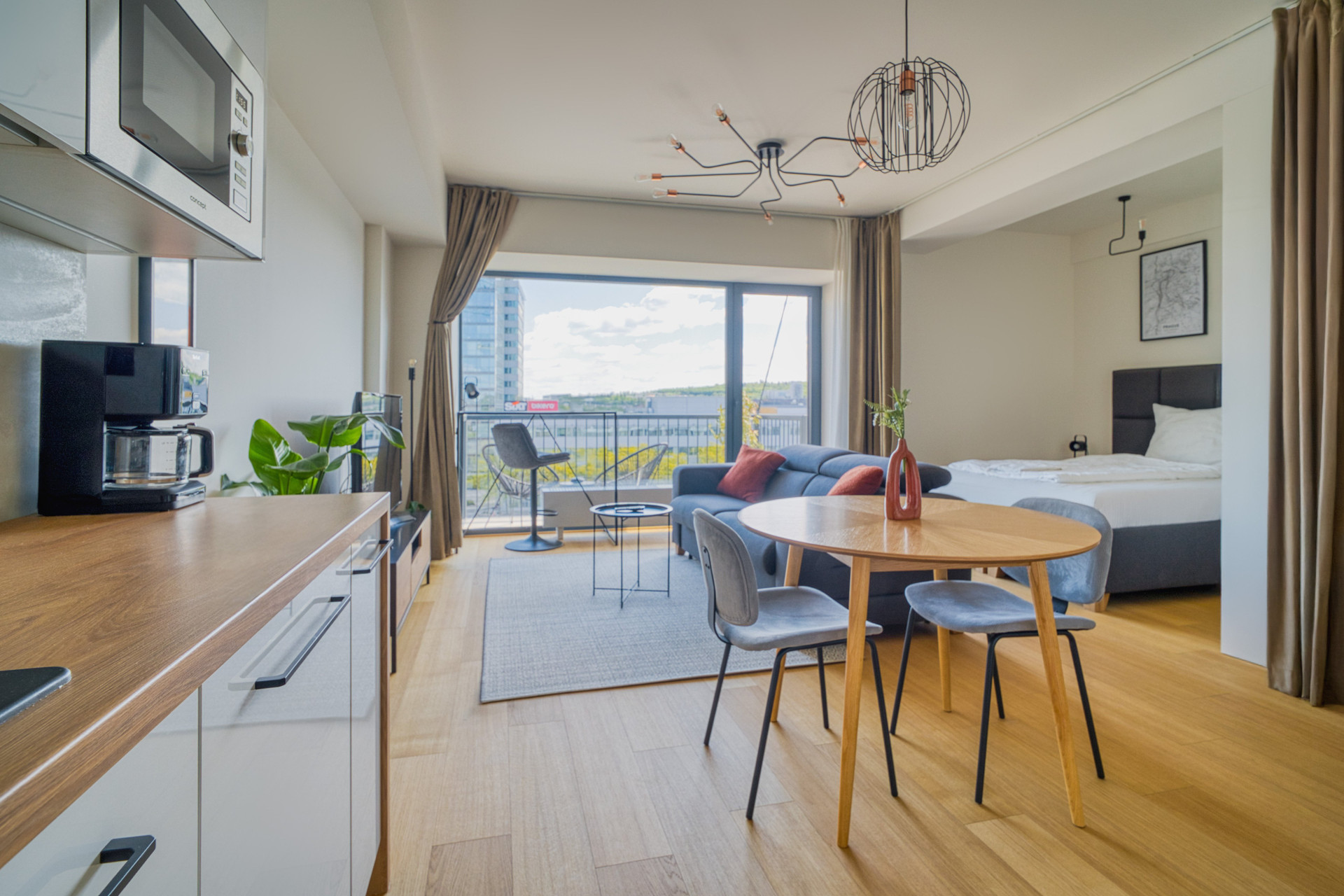 Open living room, kitchen and bed