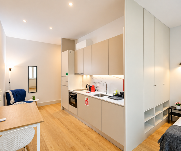 Studio kitchen, dining and bed