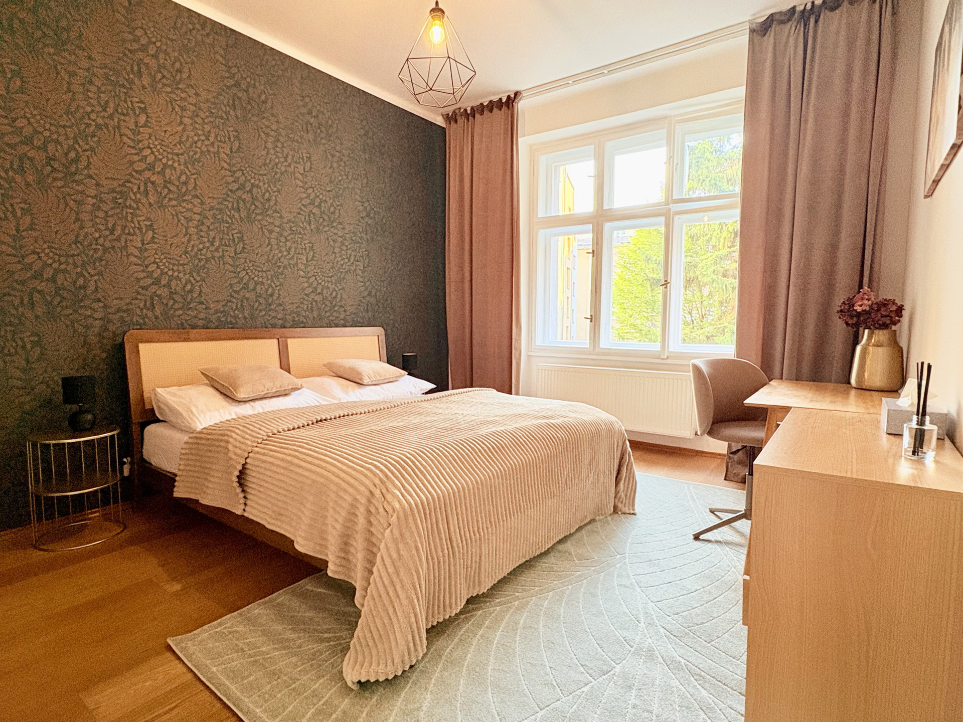 Spacious bedroom with desk