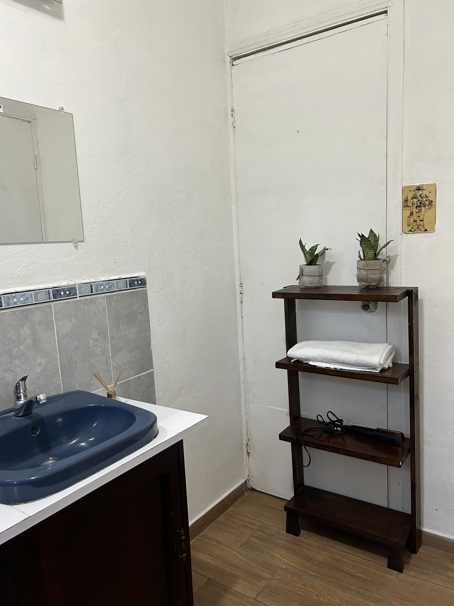 Bathroom vanity with blue sink