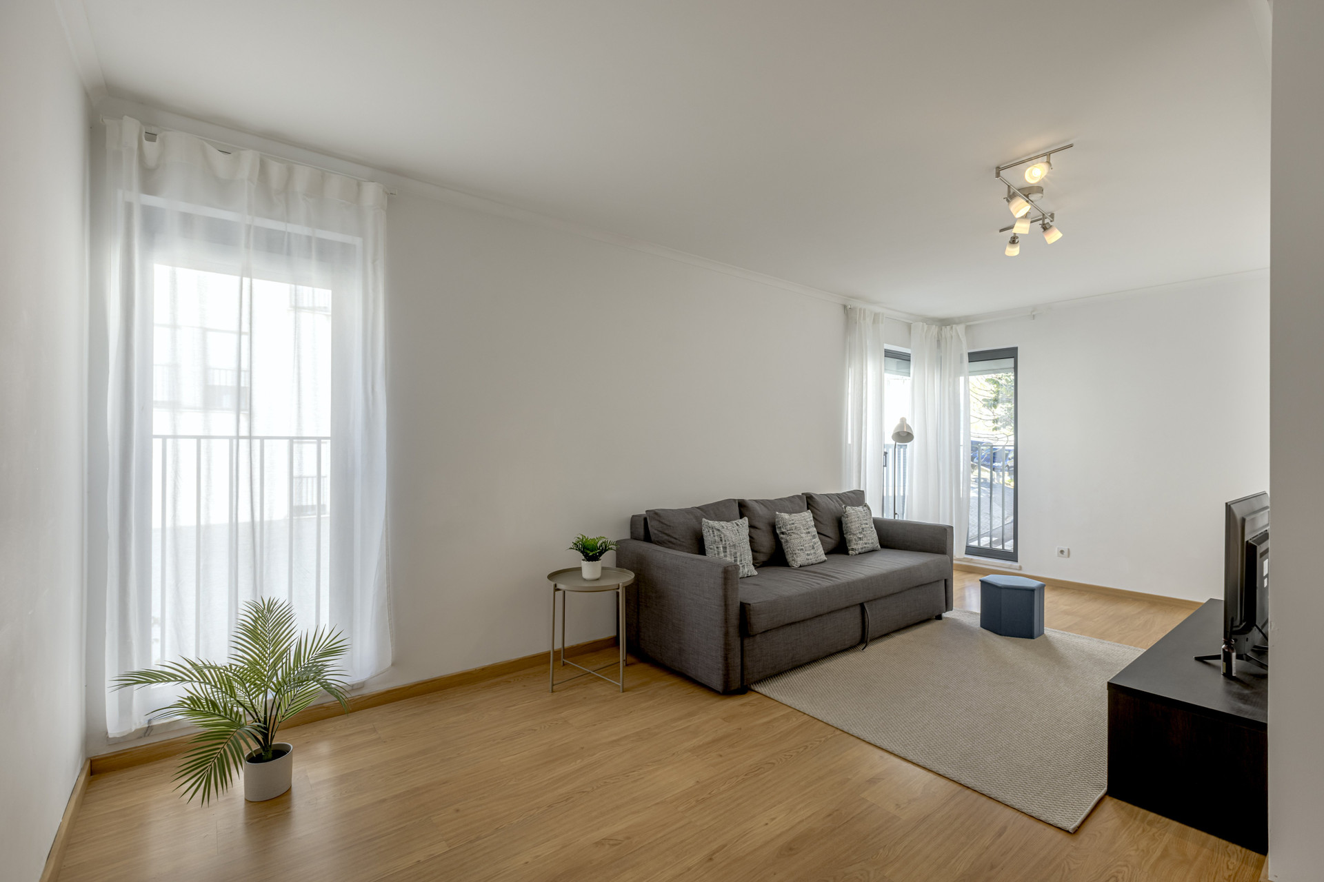 Bright living room with sofa and smart TV