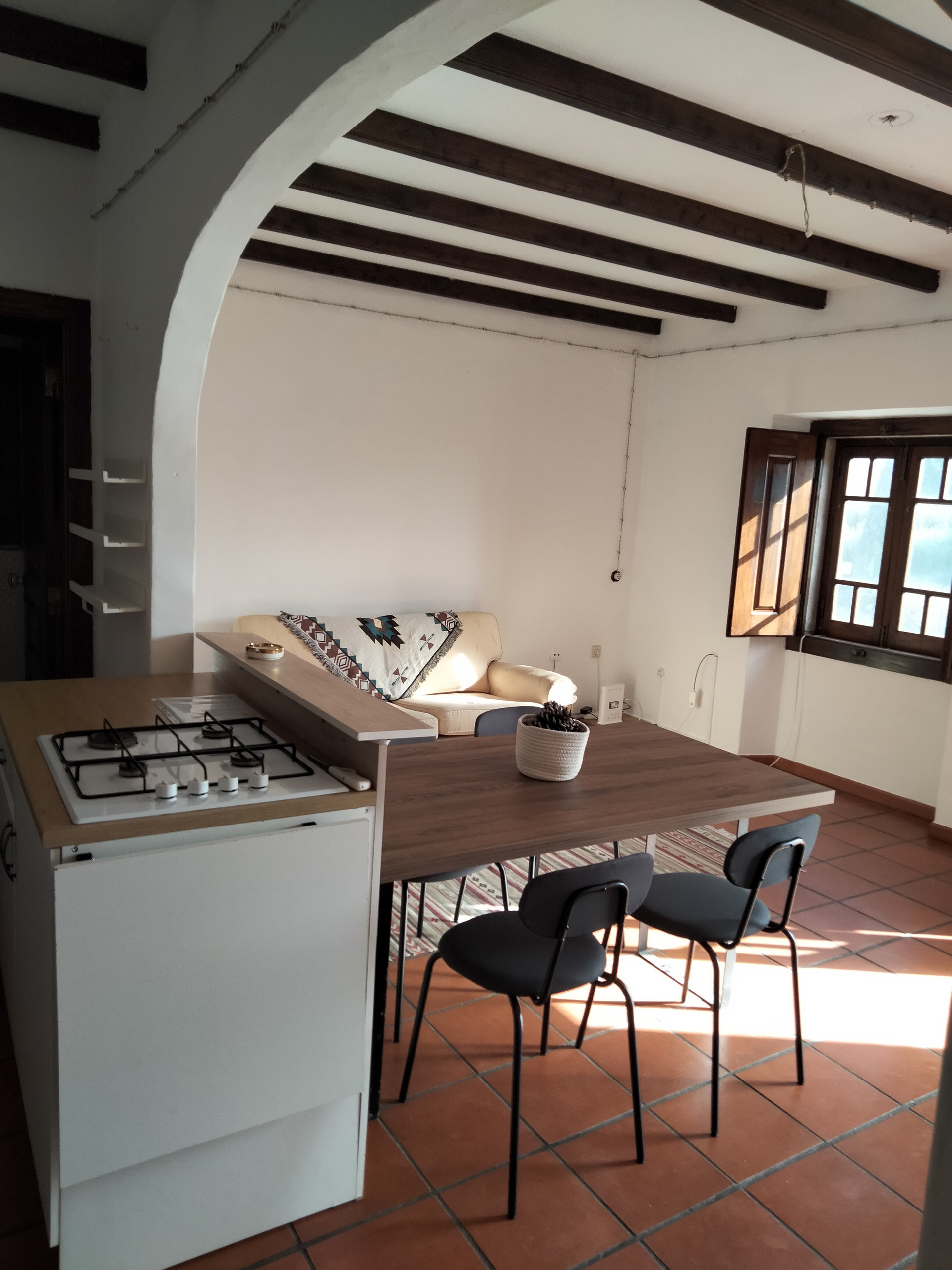 Kitchen counter, dining table, sofa