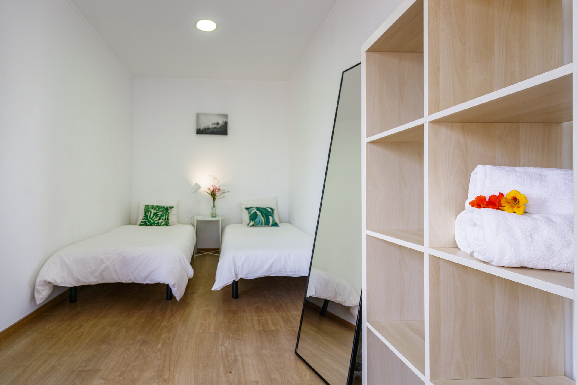 Twin beds with shelving unit
