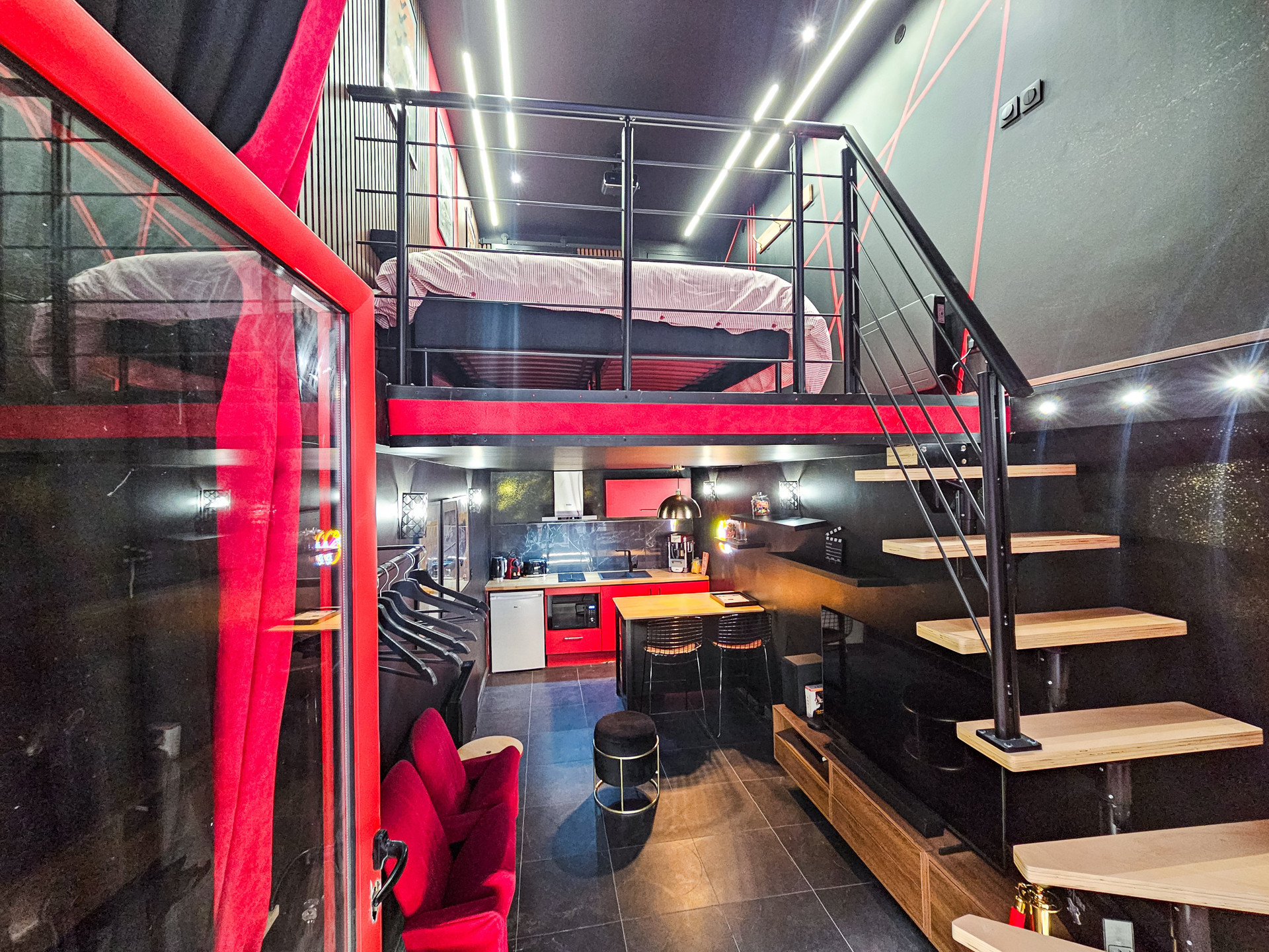 Loft bed above living area