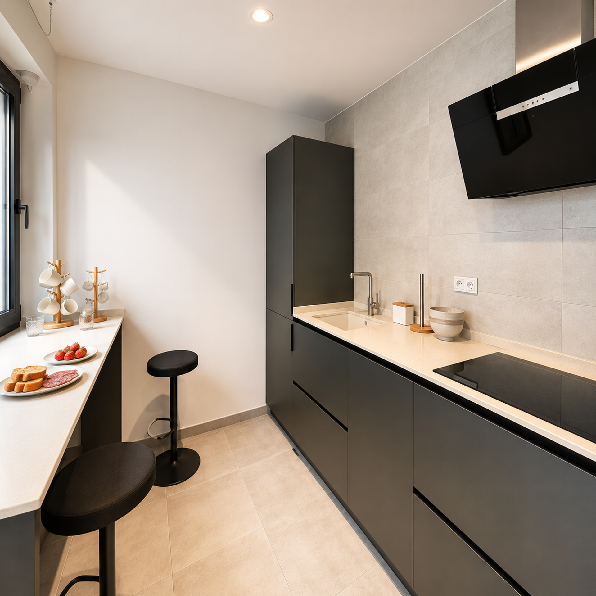 Galley kitchen with breakfast counter