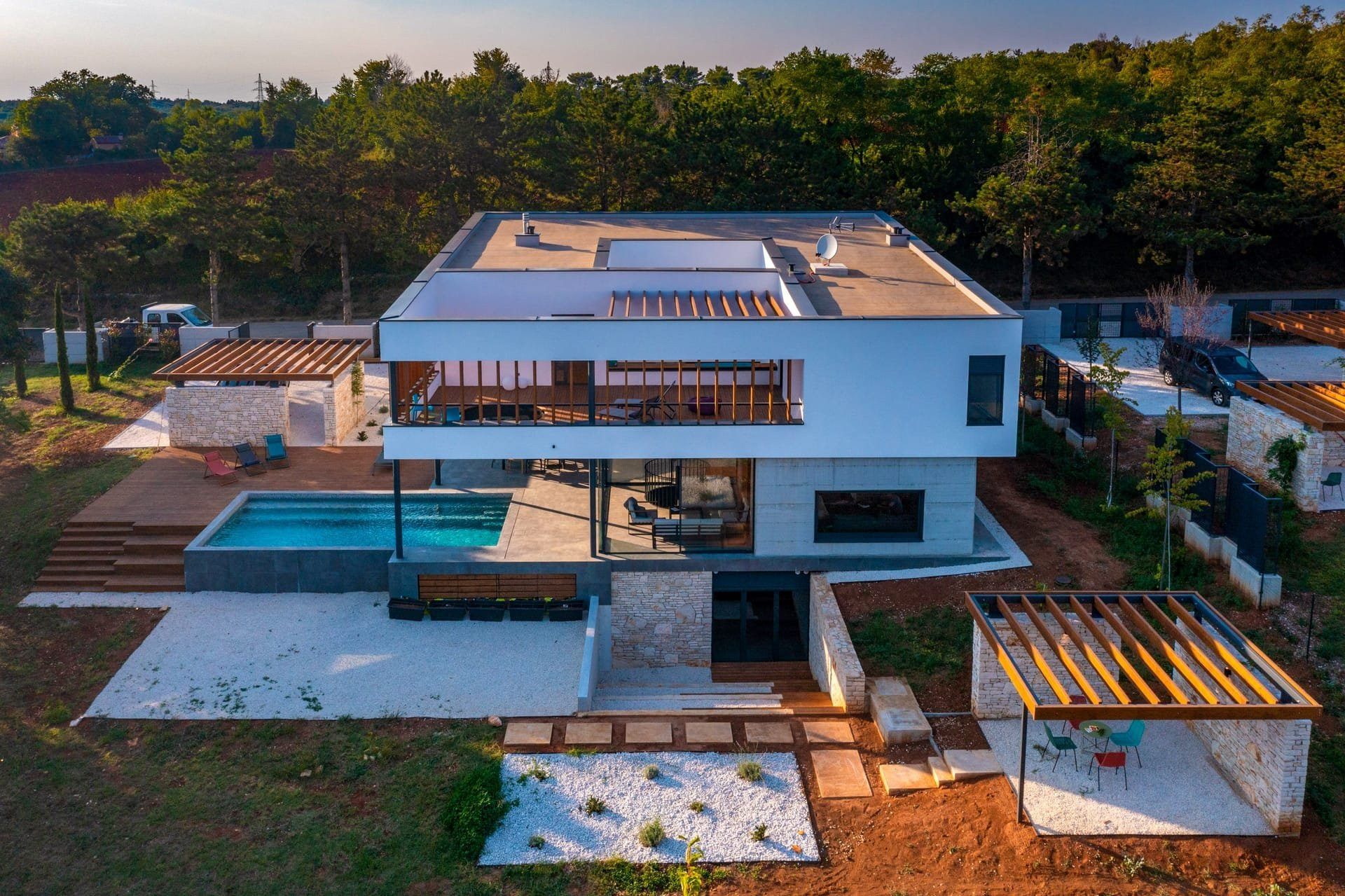 Aerial view villa with pool