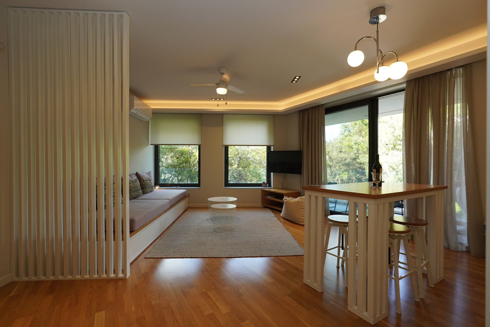 Open living dining area with bar