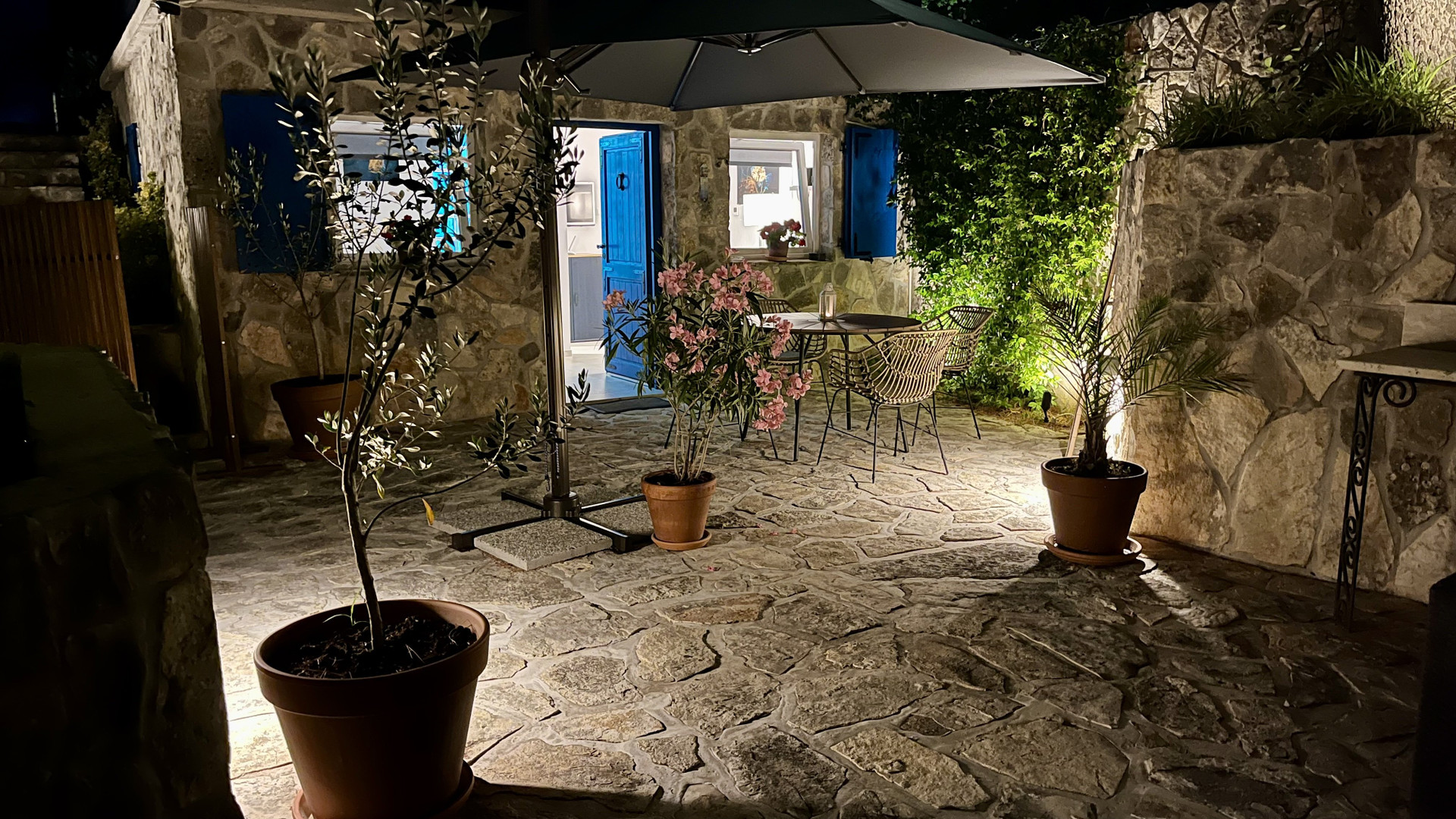 Illuminated courtyard at night