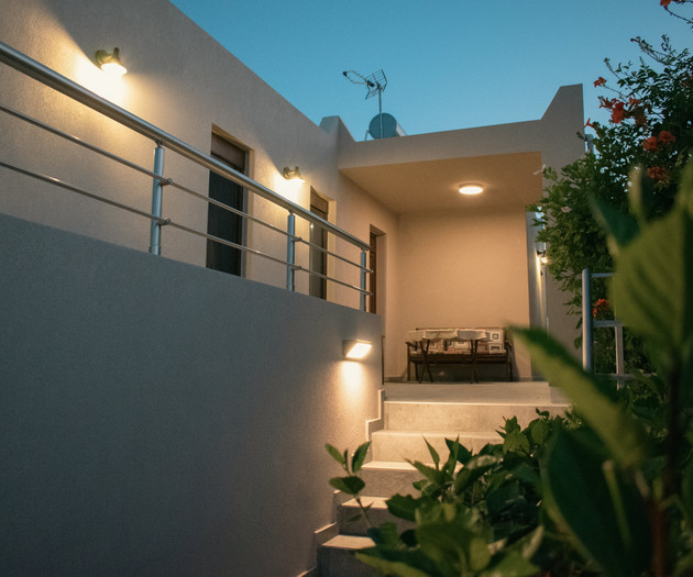 Exterior stairs illuminated at dusk