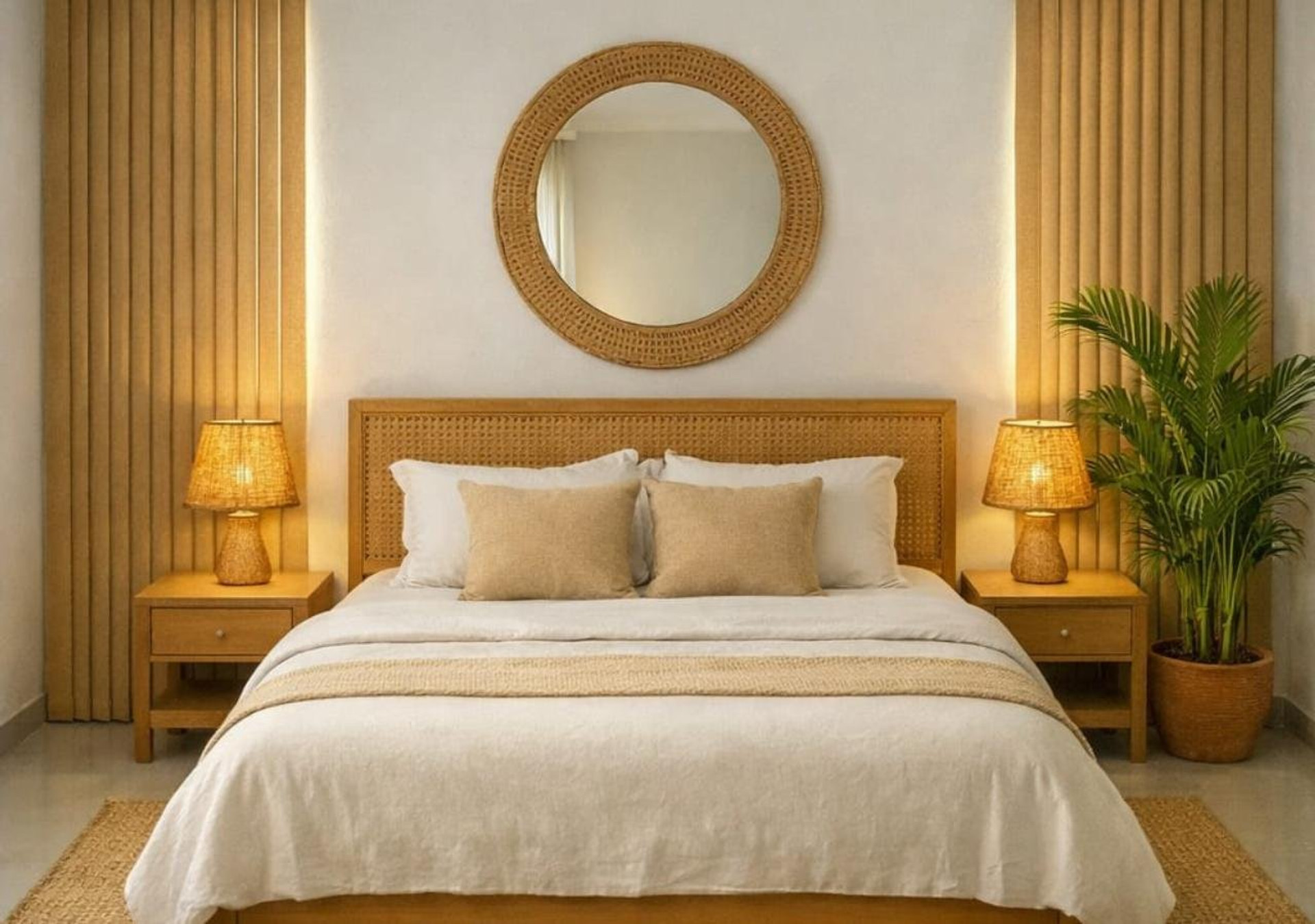 Cozy bedroom with round mirror