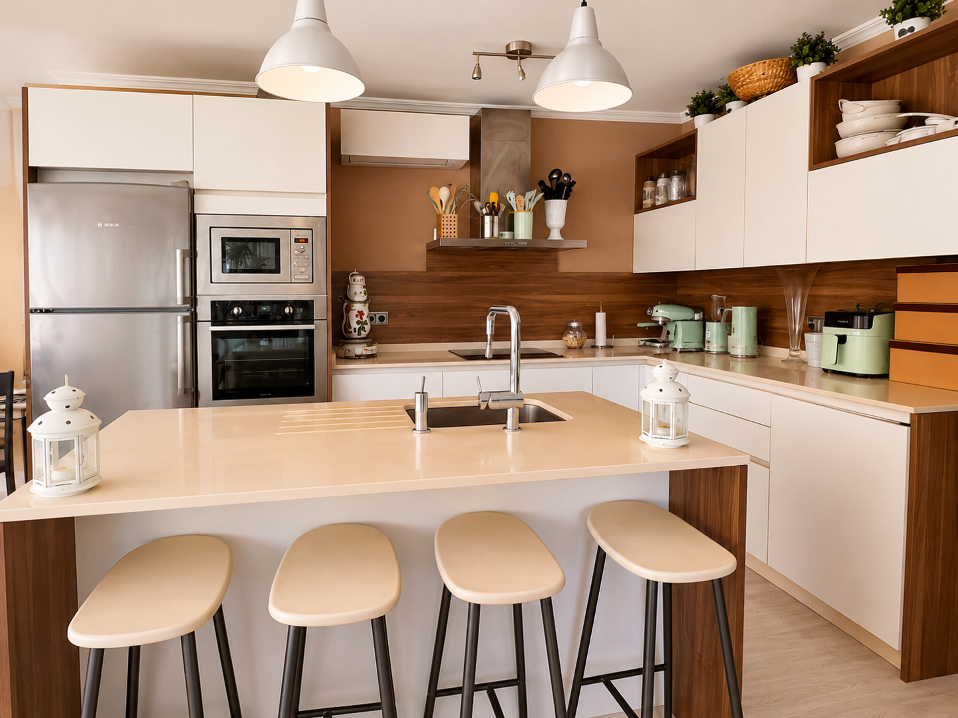 Modern kitchen with island and stools