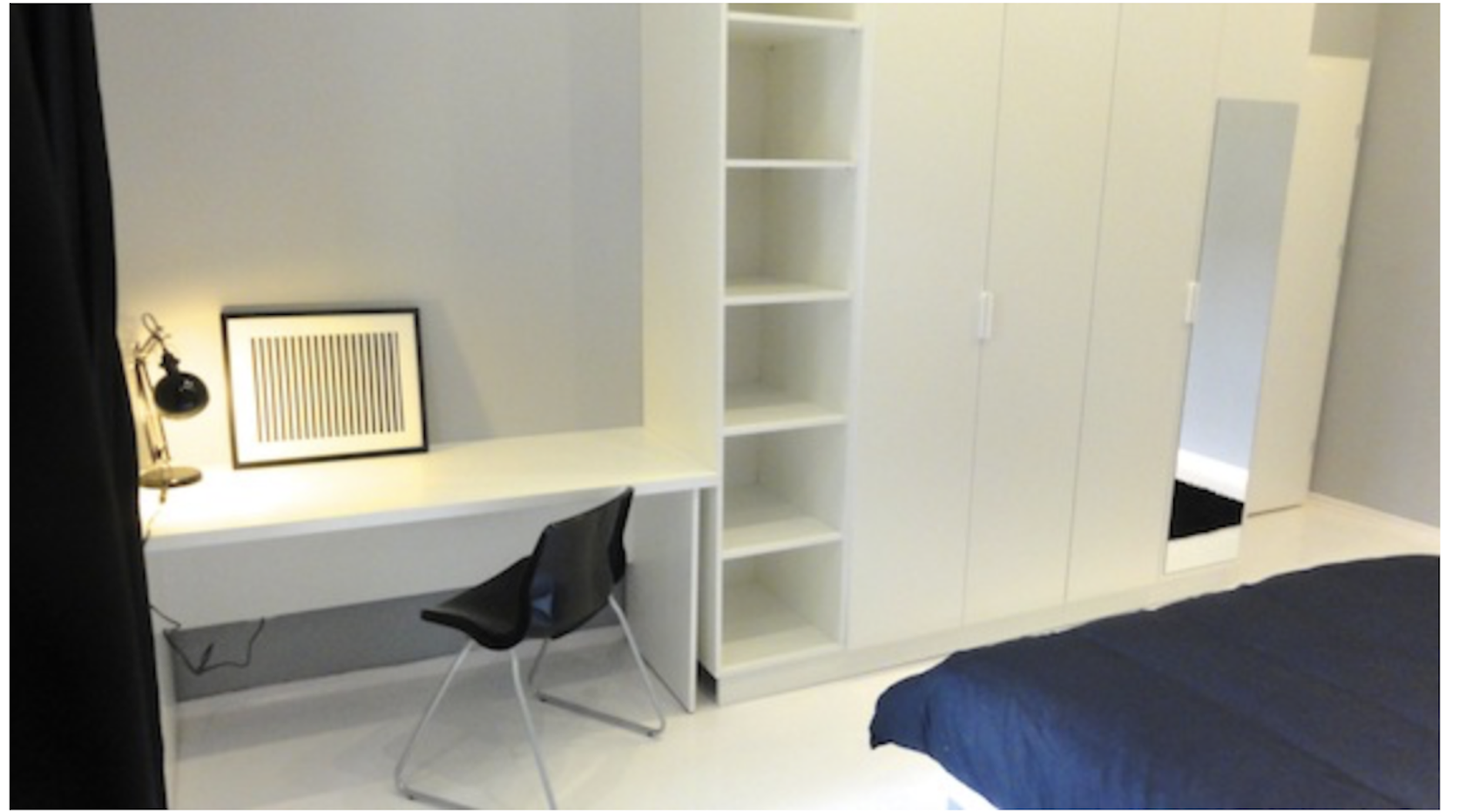 Bedroom desk and wardrobe area