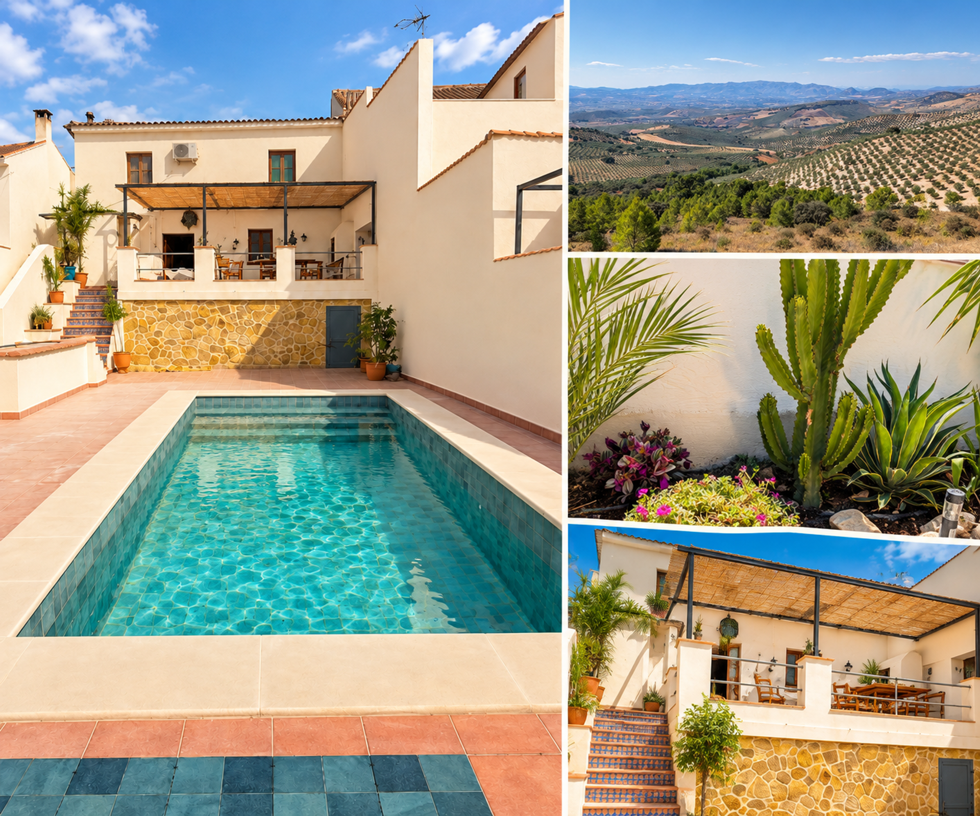 Collage: pool, views, garden, terrace