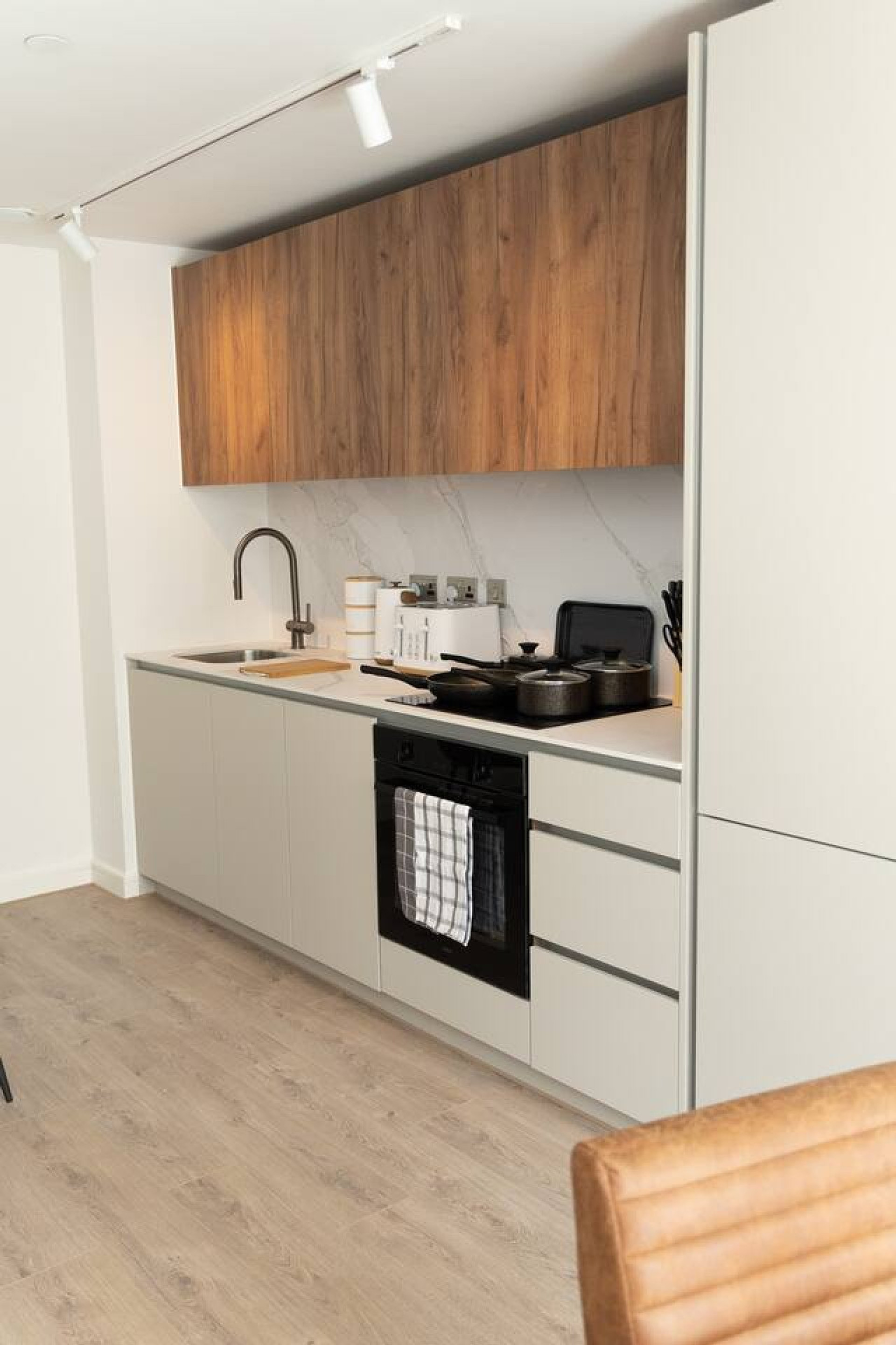 Modern kitchen with wood cabinets