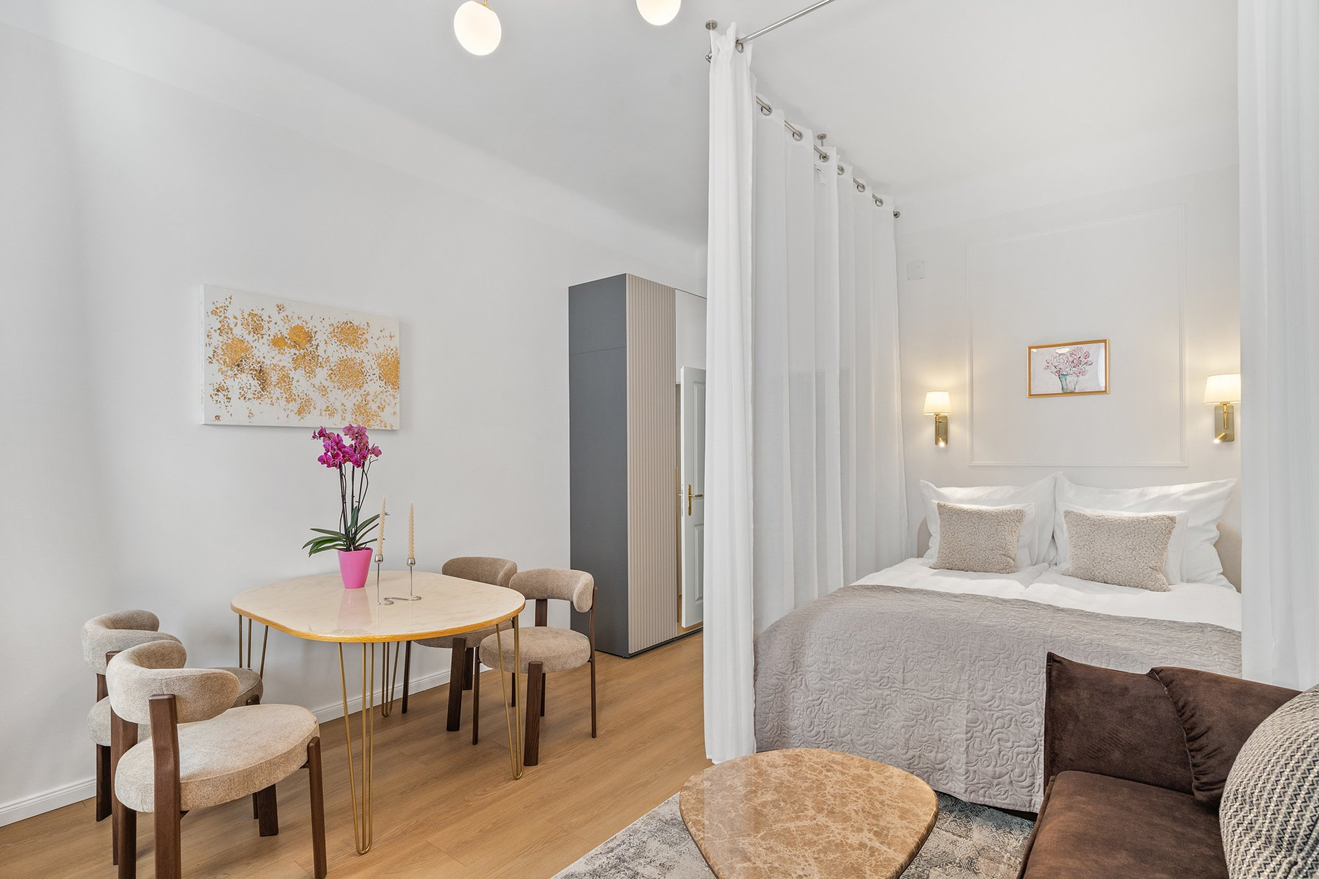 Open plan dining and sleeping area
