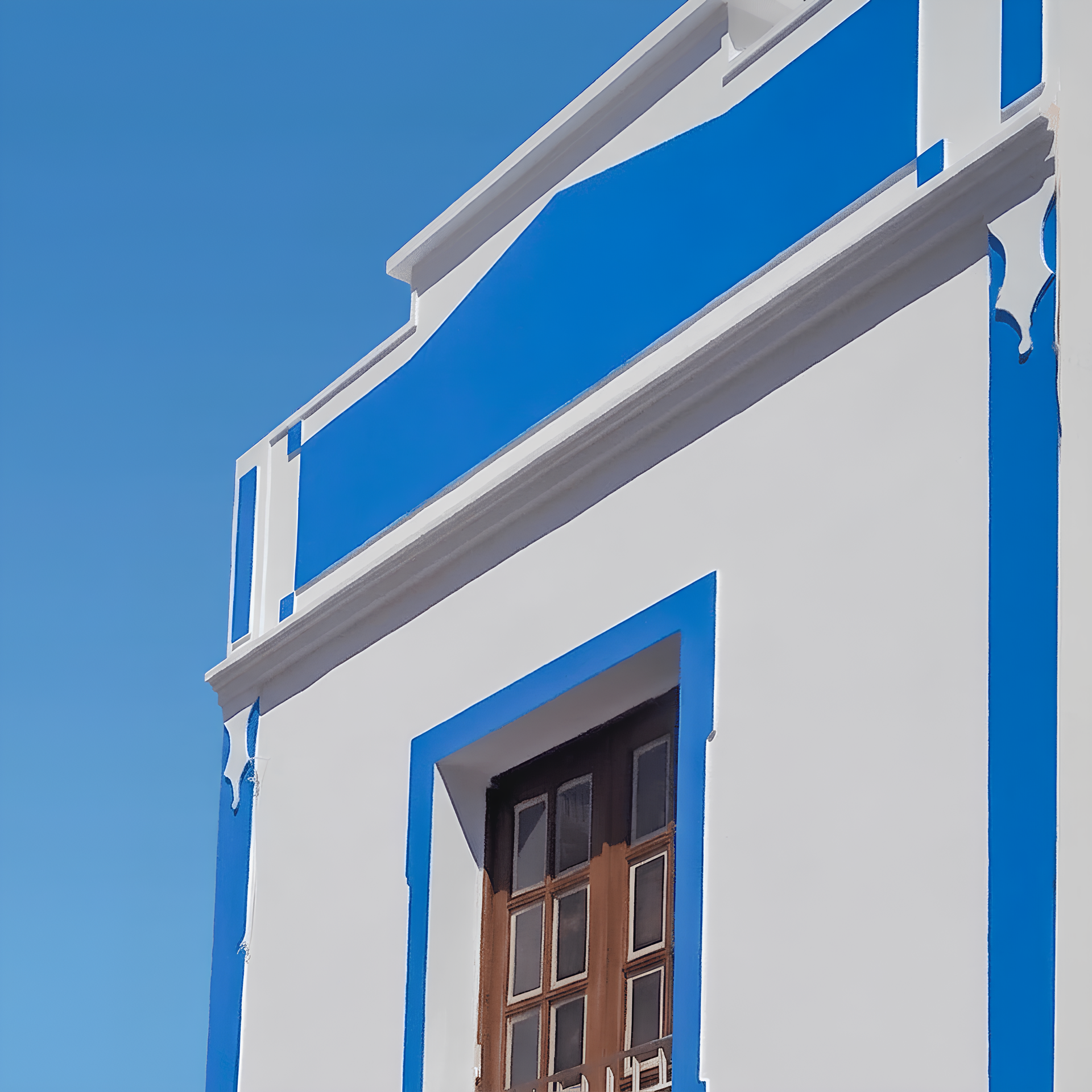 Blue-trimmed building facade detail