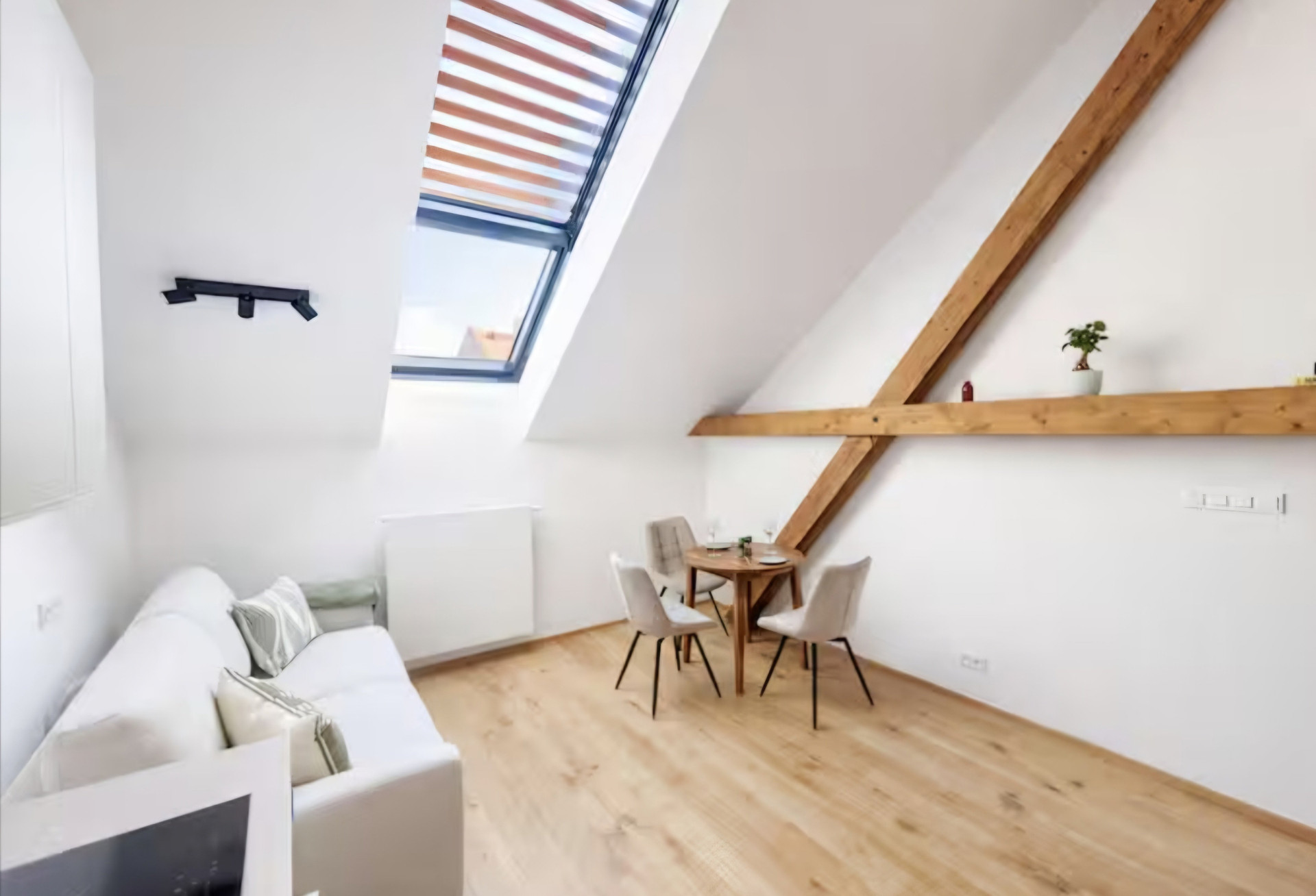 Living room with dining table, skylight