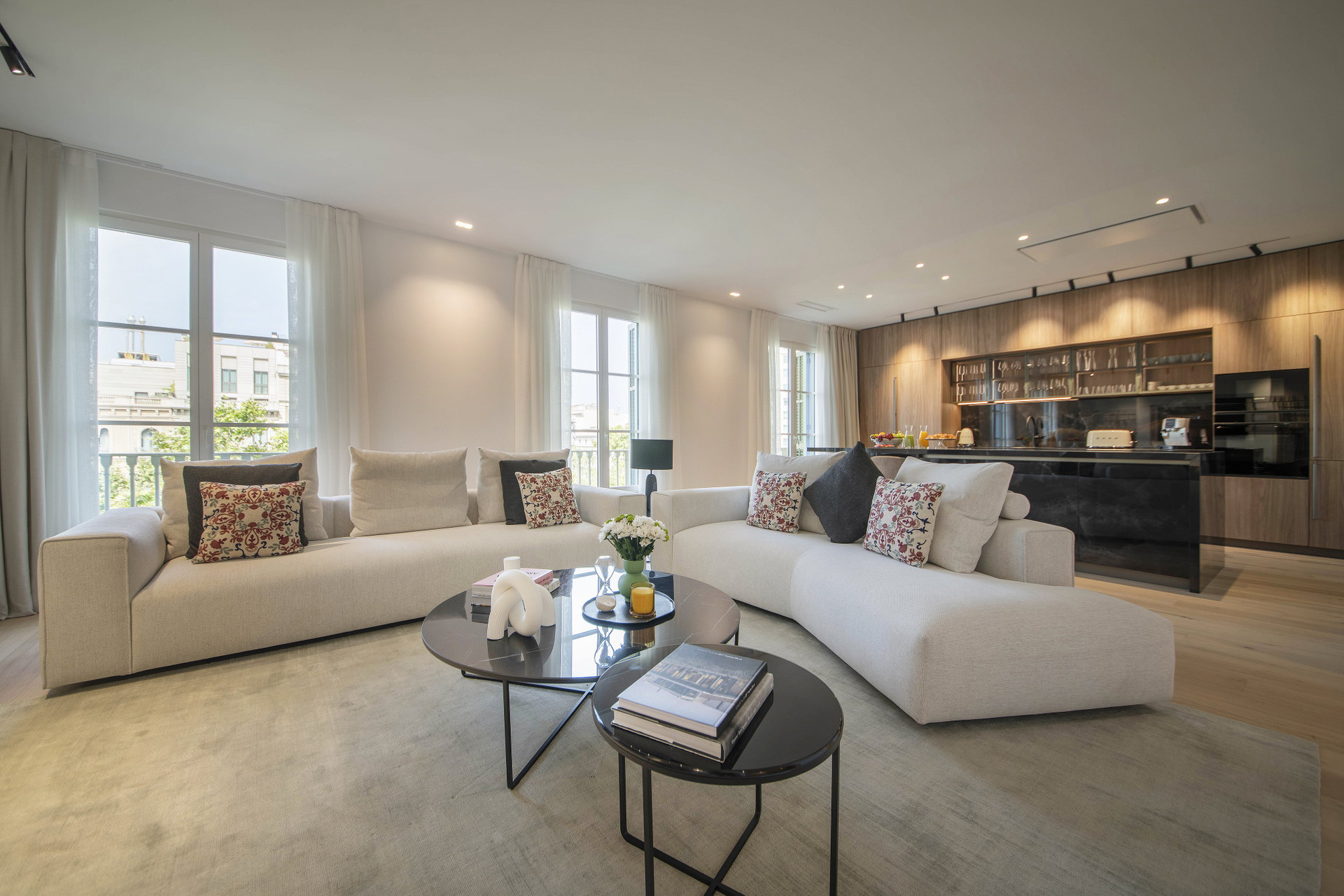 Spacious living room with open kitchen