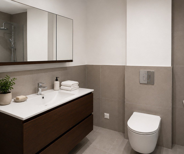 Bathroom with towels and plant