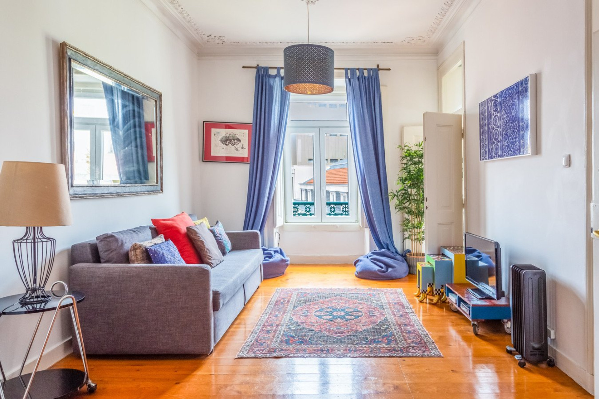 Living room with blue curtains