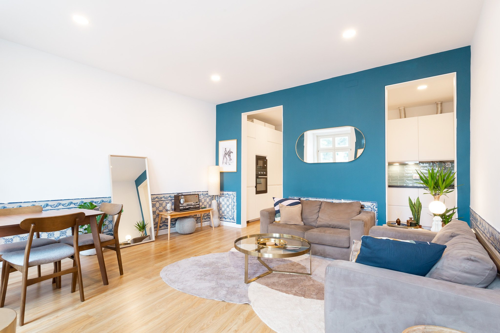 Spacious living dining room teal